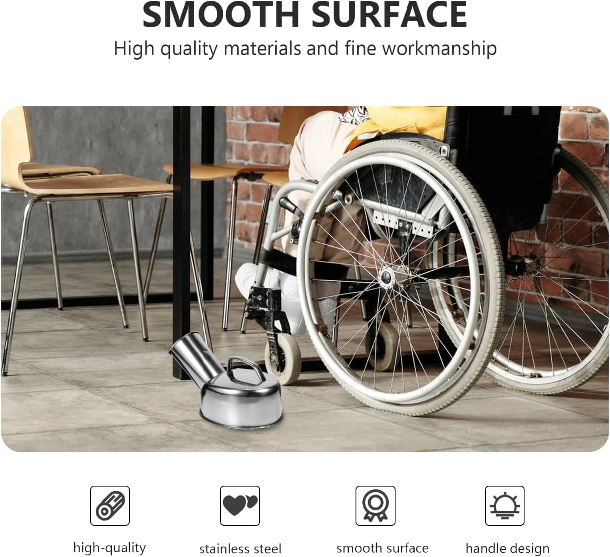 Healvian Stainless Steel Male Urinal Pot with Handle Portable Urinal Bottle Smooth Mouth for Home Hospital Use 10In X 6.5In X 5In image number 1