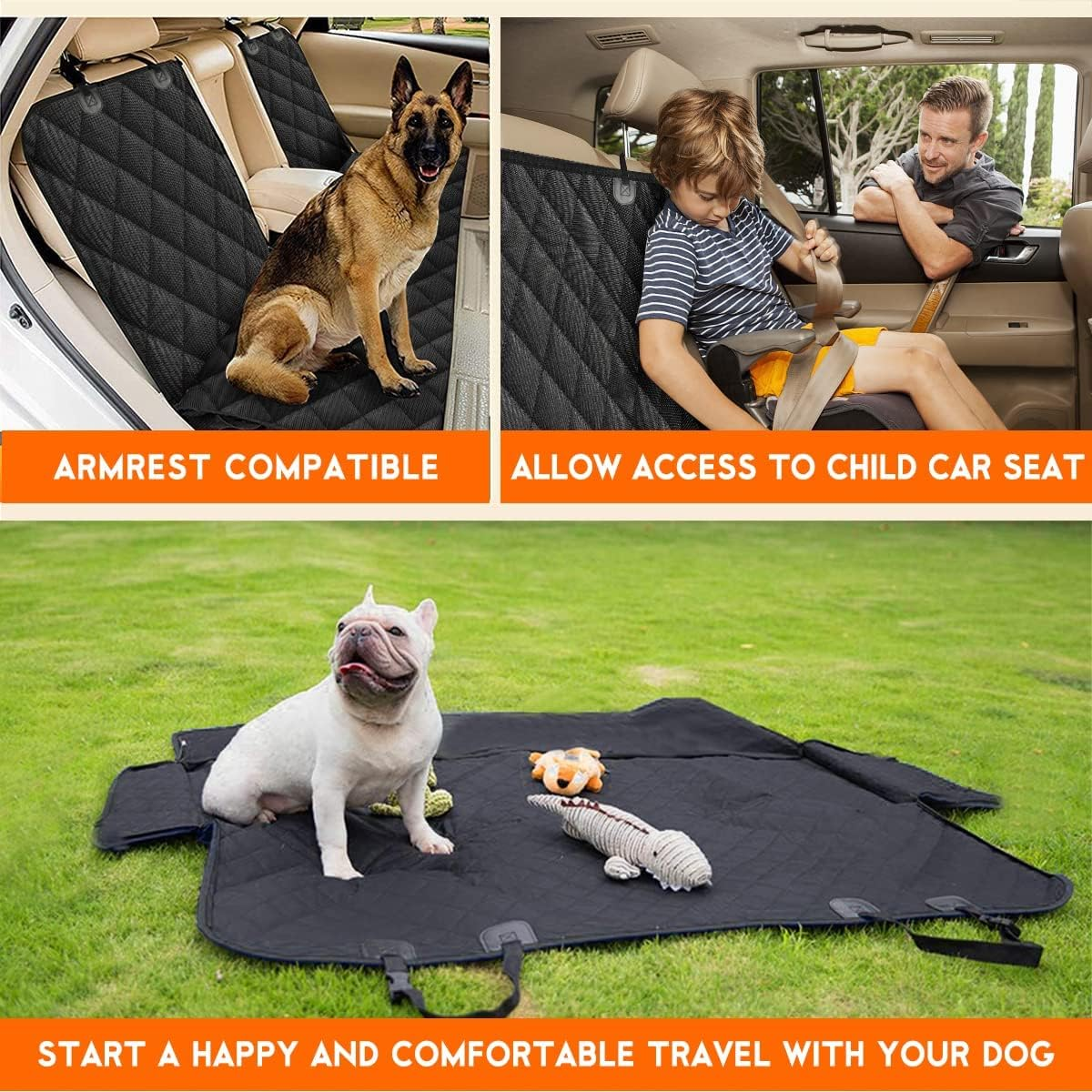 Dog Car Seat Cover, Dog Seat Cover Hard Bottom Pet Car Seat Protector Waterproof Bench Car Seat Cover, Non-Slip Reat Seat Cover Fits Middle Armrest for Most Cars Trucks Suvs - Black image number 1