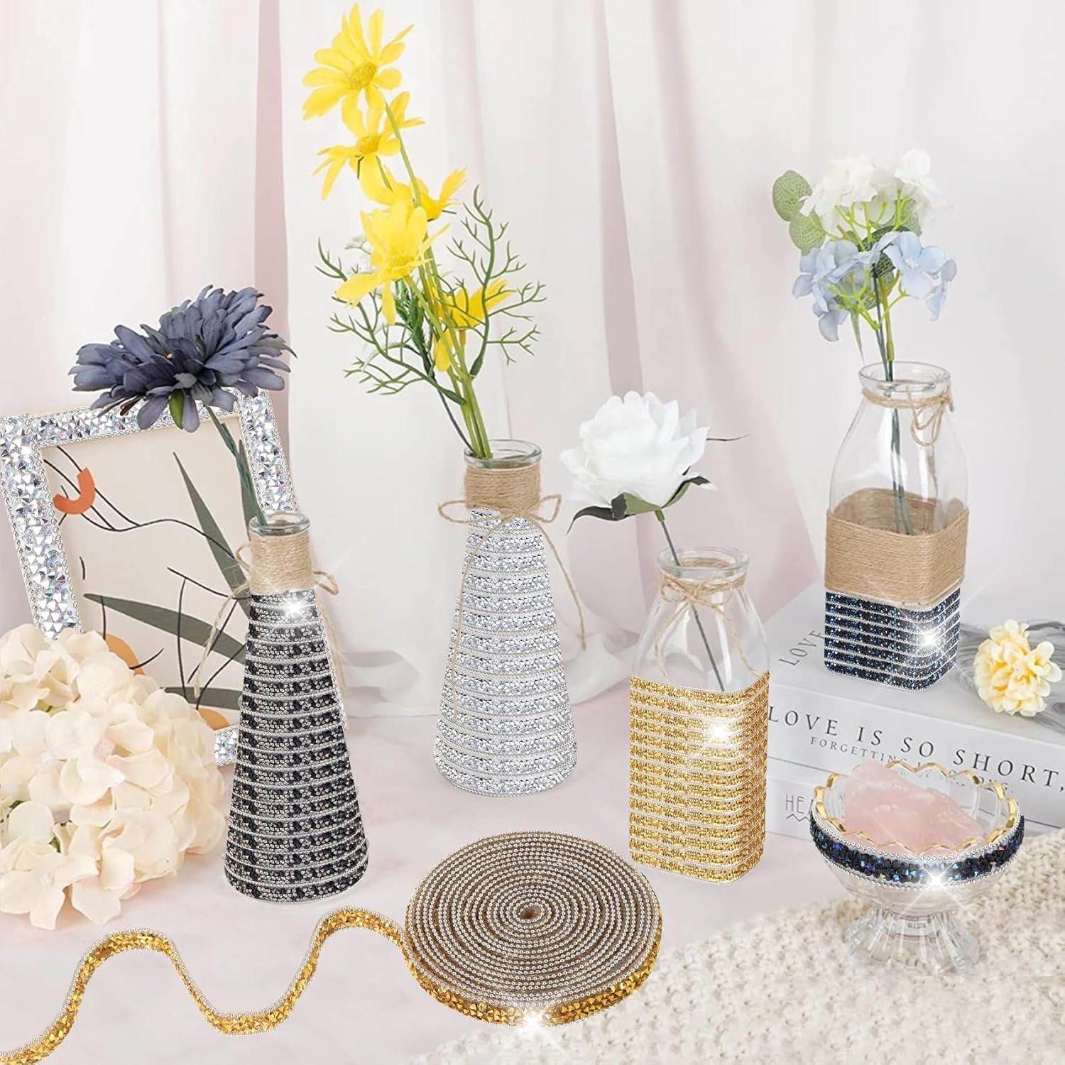 Rhinestone Ribbon, Self Adhesive Resin Rhinestone Bedazzling Strips Glitter Crystal Diamonds Tape Sparkling Rhinestones Trim for Belt Shoes Clothing Car Phone (Gold, One Size) image number 5