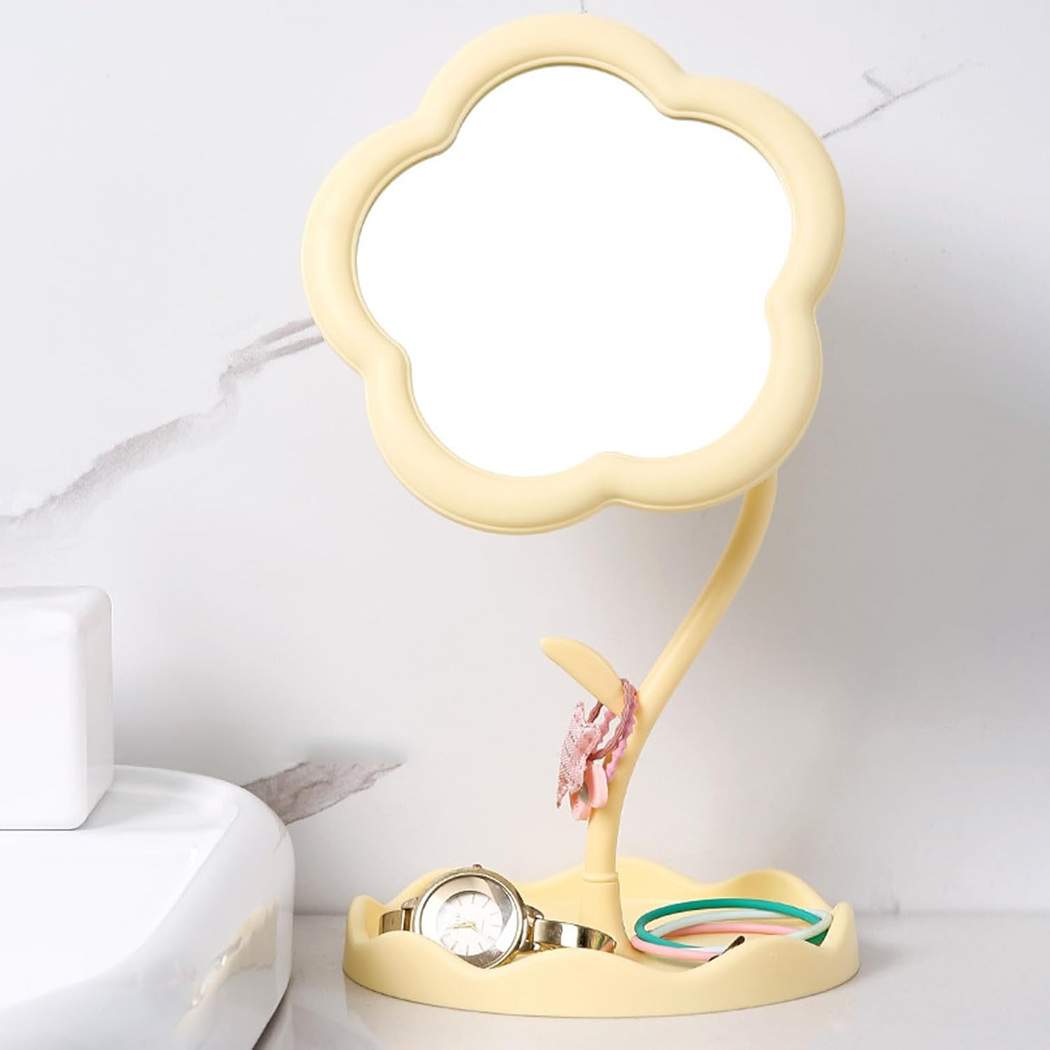 Taoluwin Tabletop Vanity Mirror, 360&deg; Adjustable Makeup Mirror with Storage Tray, Thickened PP Portable Mirror for Bedroom Living Room and Makeup Desk (Yellow)