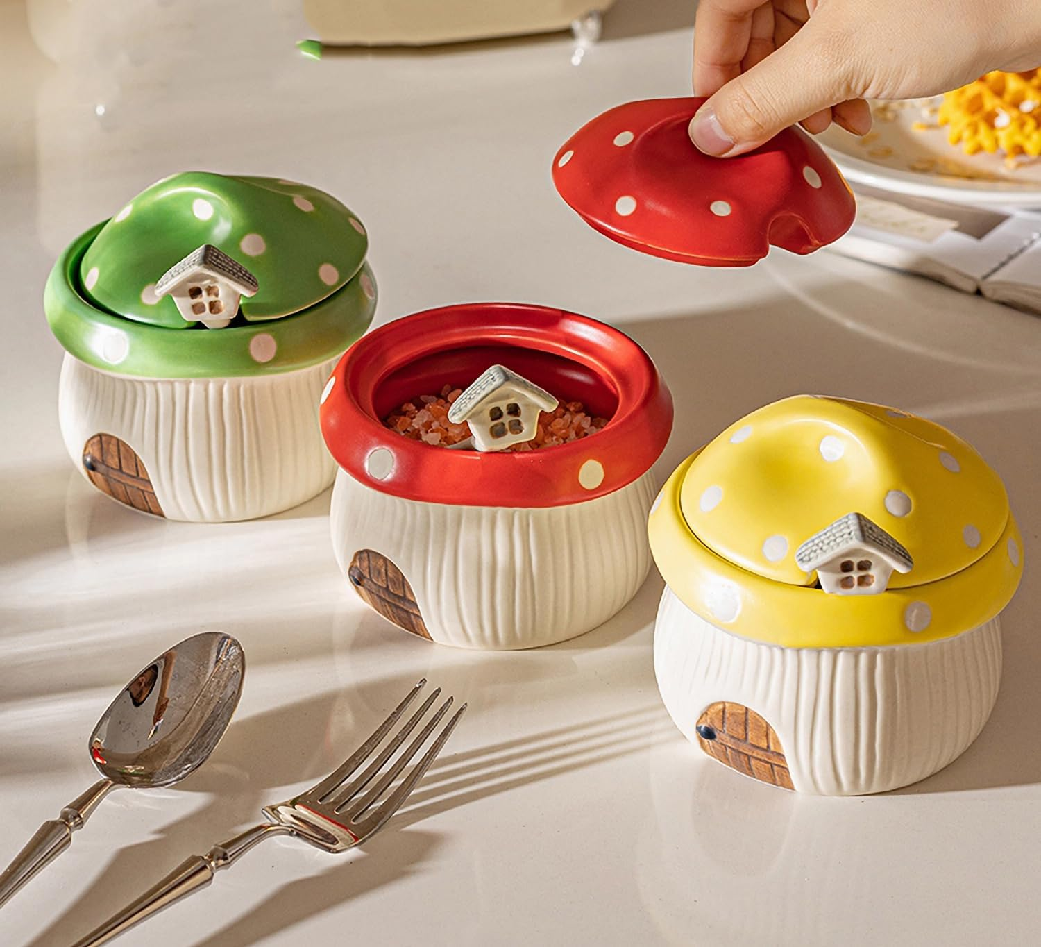 RESVUGA Ceramic Sugar Bowl with Lid & Spoon, Cute Mushroom House Design. Porcelain Seasoning Storage Jar, 14 Ounces. (Yellow) - Pink image number 3