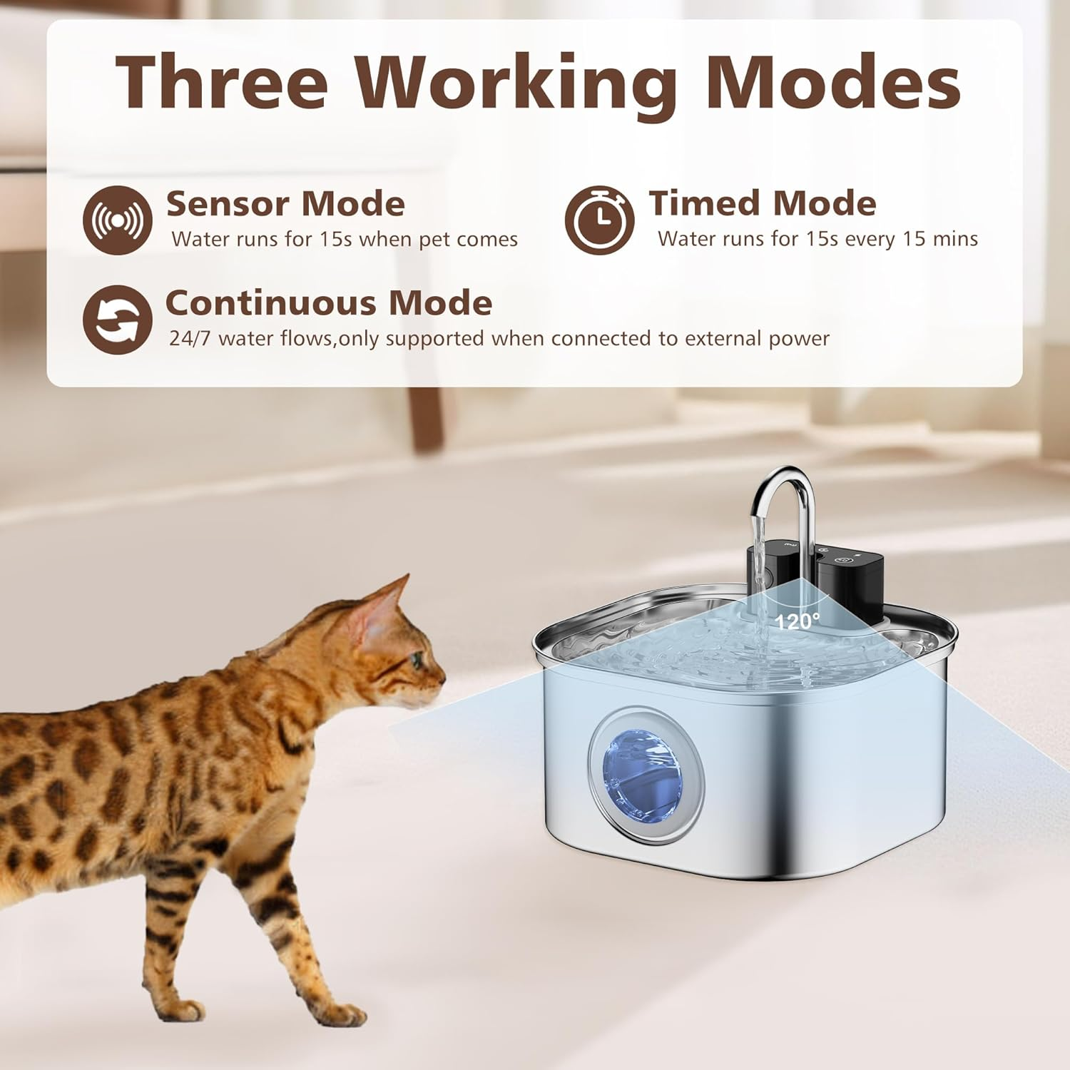Cordless Cat Water Fountain Stainless Steel, 3.2L Automatic Wireless Pet Drinking Fountain Battery Operated with Water Level Window for Cats Dogs