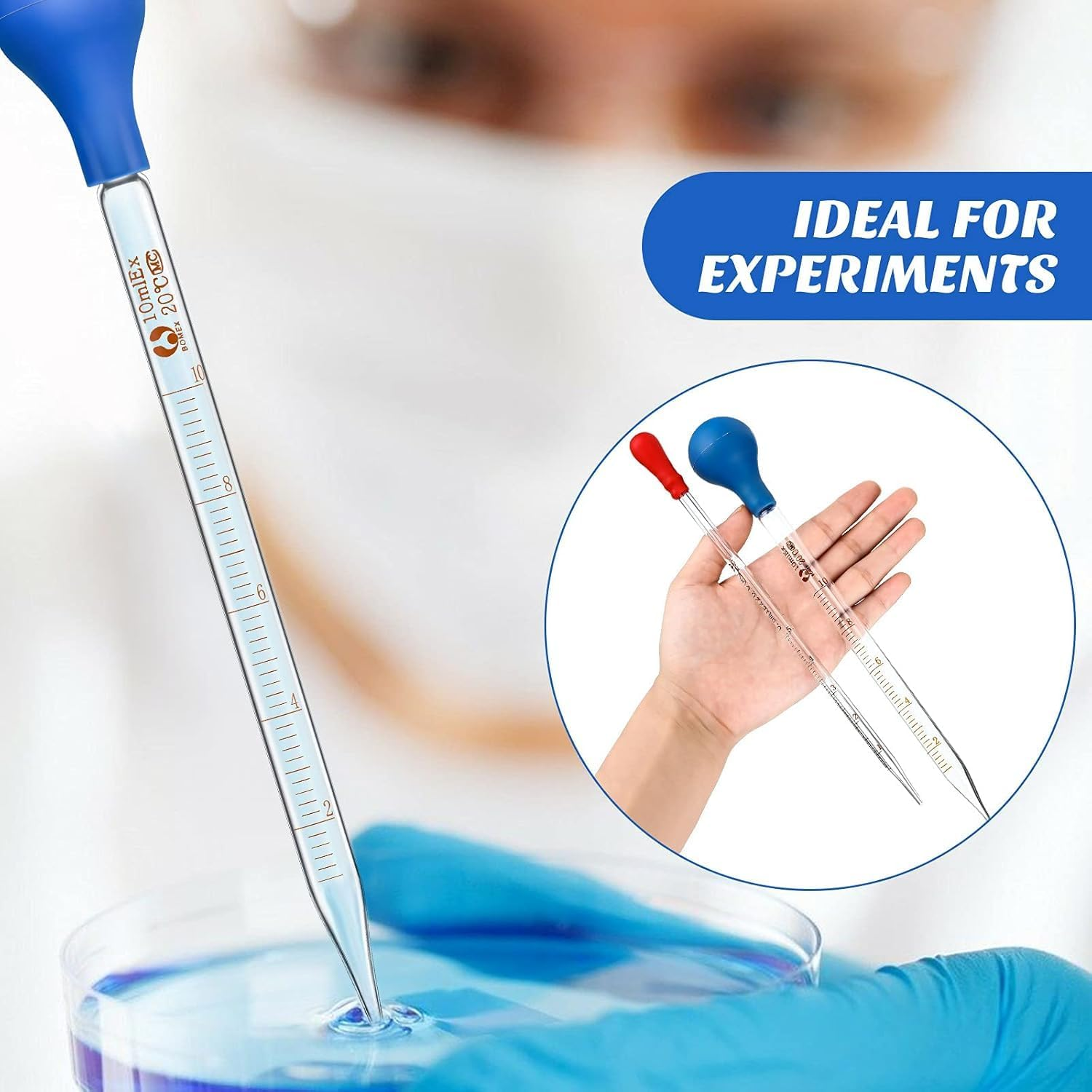 6 Pcs Thick Glass Graduated Pipettes Dropper Kit (0.5Ml 1Ml 2Ml 3Ml/5Ml 10Ml) with 6 Rubber Caps & 2 Dropper Brushes, for Precise Liquid Transfer, Lab Measuring (A) image number 3