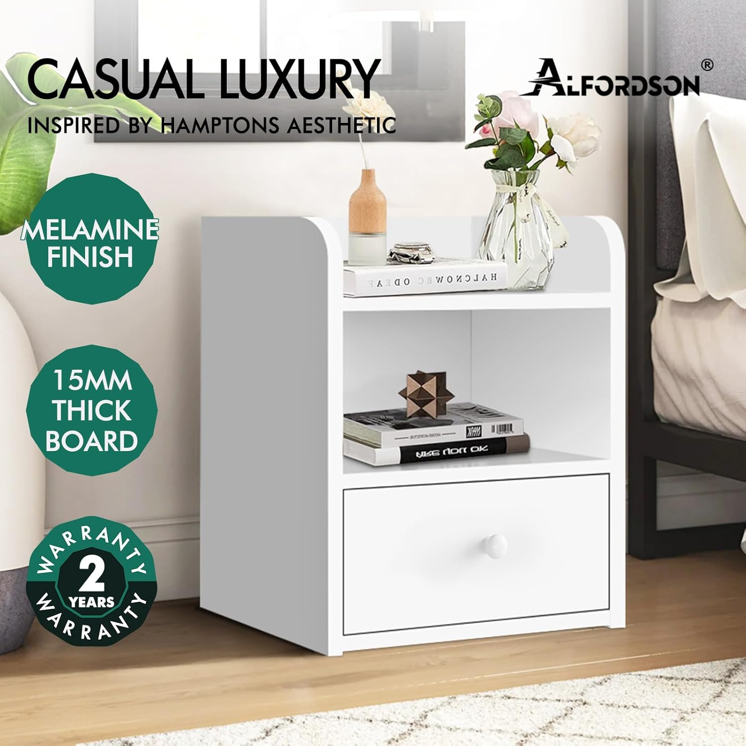ALFORDSON Bedside Table with Drawer, Nightstand Cabinet Organiser 37.5Cm X 34Cm X 45Cm, Wooden Furniture Bedroom Storage Side Chest End Table for Hallway, Bedroom and Living Room, White image number 4