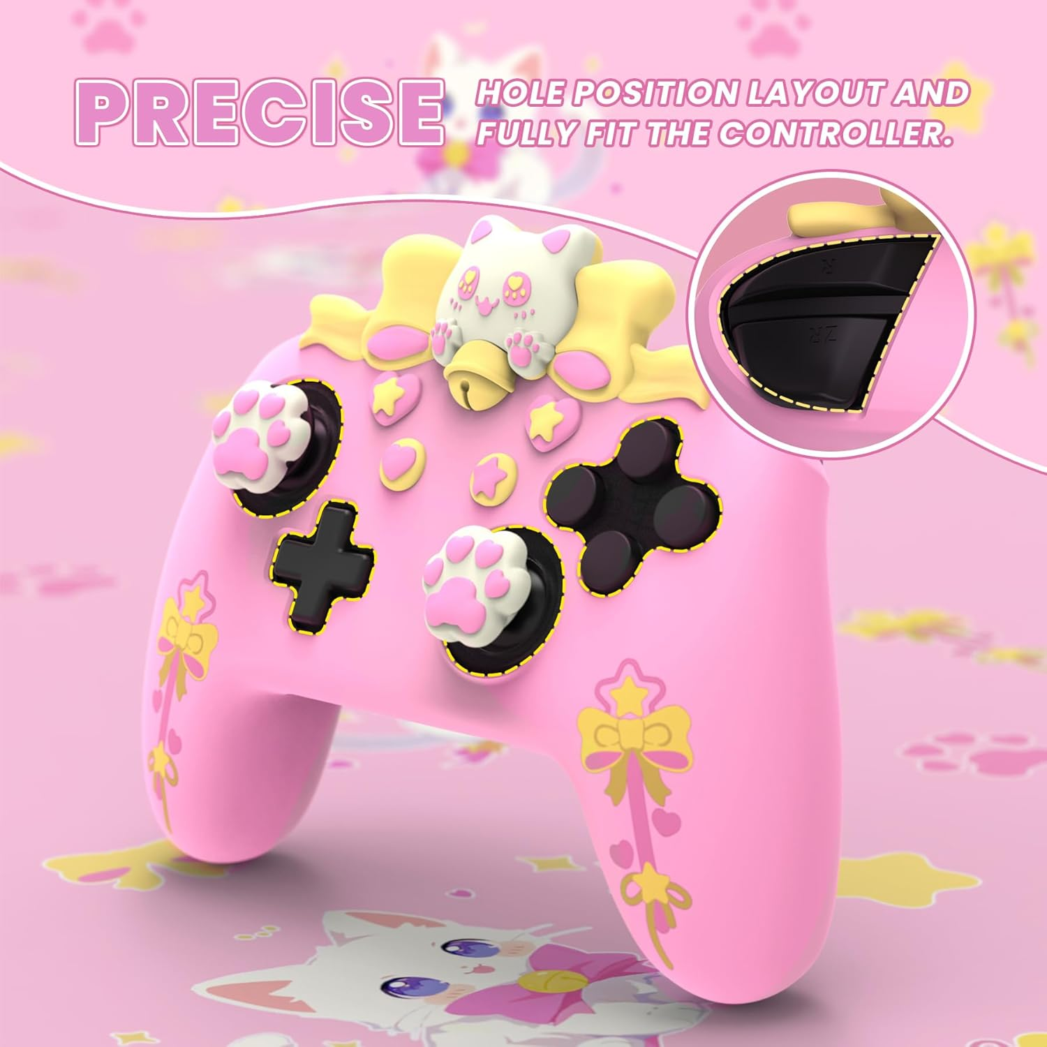 Playvital Sweetheart Kitty Silicone Skin Compatible with Nintendo Switch Pro Controller Kawaii Anti-Slip Cover, Switch Pro Controller Joystick Grips & Protective Silicone Case - Pink image number 3