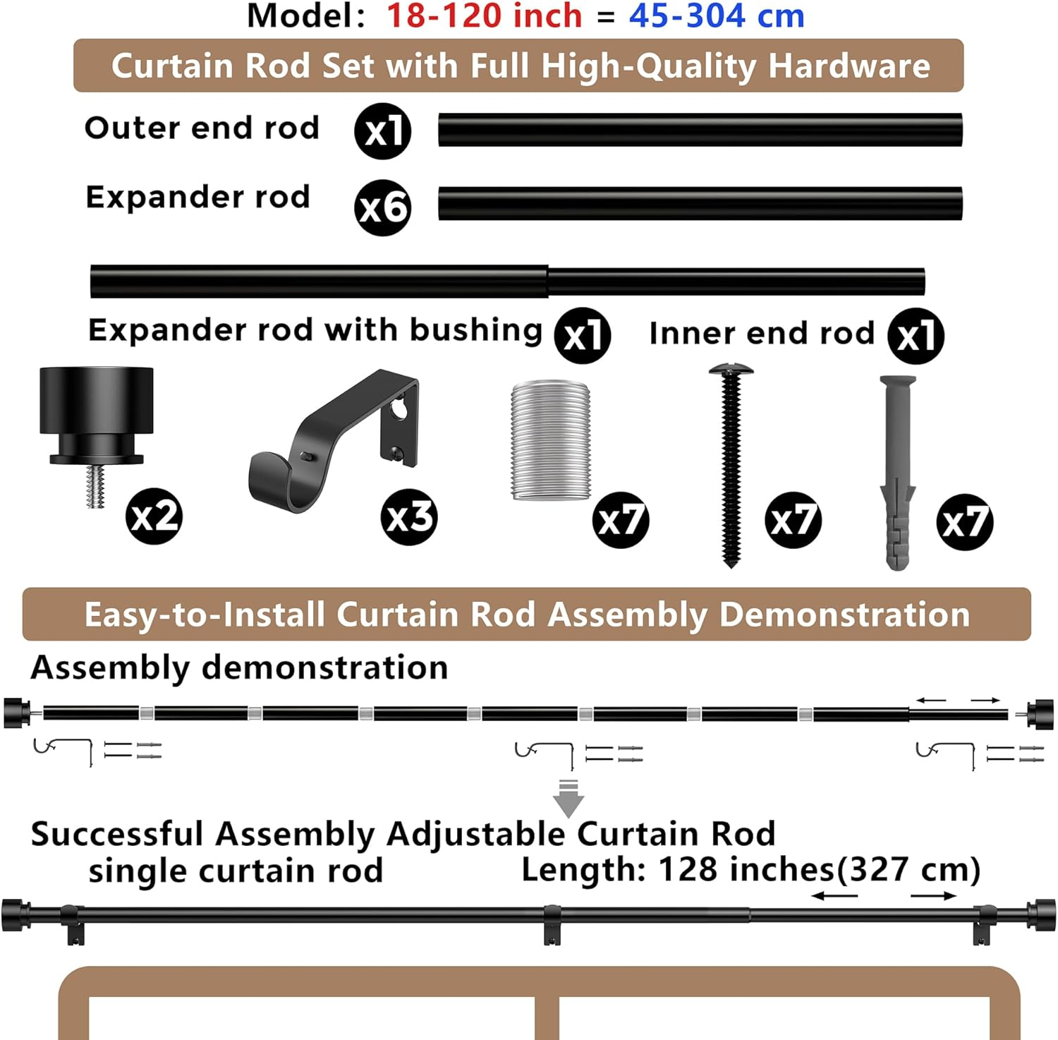 Curtain Rods 304 Cm, 327-Cm Rod, Adjustable Length Heavy Duty Decorative Finials Diameter 2.2 Cm,10 Ft, Black image number 2