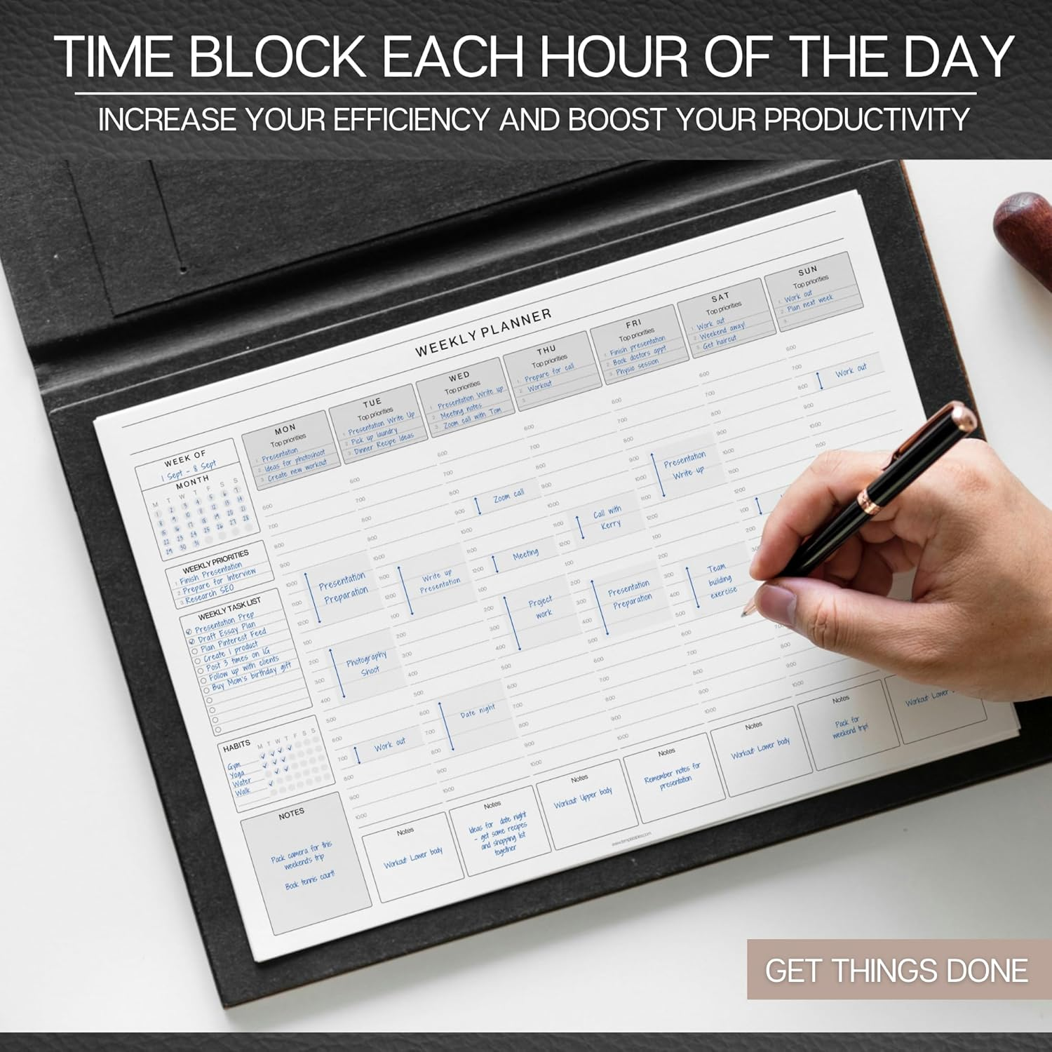 Weekly Hourly Planner Notepad, Daily Planner Desk Pad, Weekly Schedule, to Do List Note Pad, ADHD Planner | 50 Undated Tear Away Sheets A4 | Mono - Lux image number 6