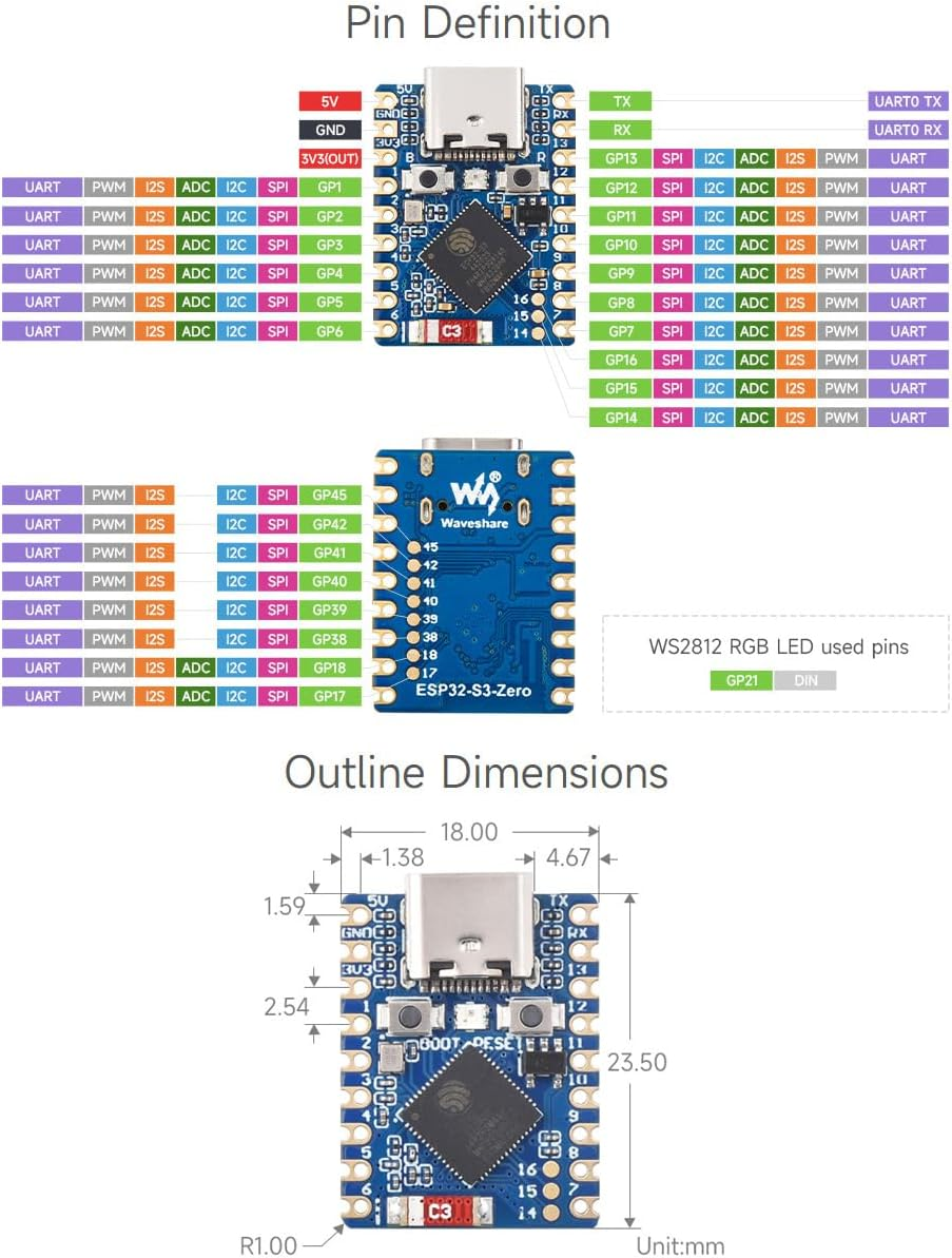 Waveshare ESP32-S3 Mini Development Board, Based on ESP32-S3FH4R2, Onboard Multi-Function GPIO Pins, Dual-Core Processor, 240Mhz Running Frequency, 2.4Ghz Wi-Fi & Bluetooth 5-[3PCS] image number 3