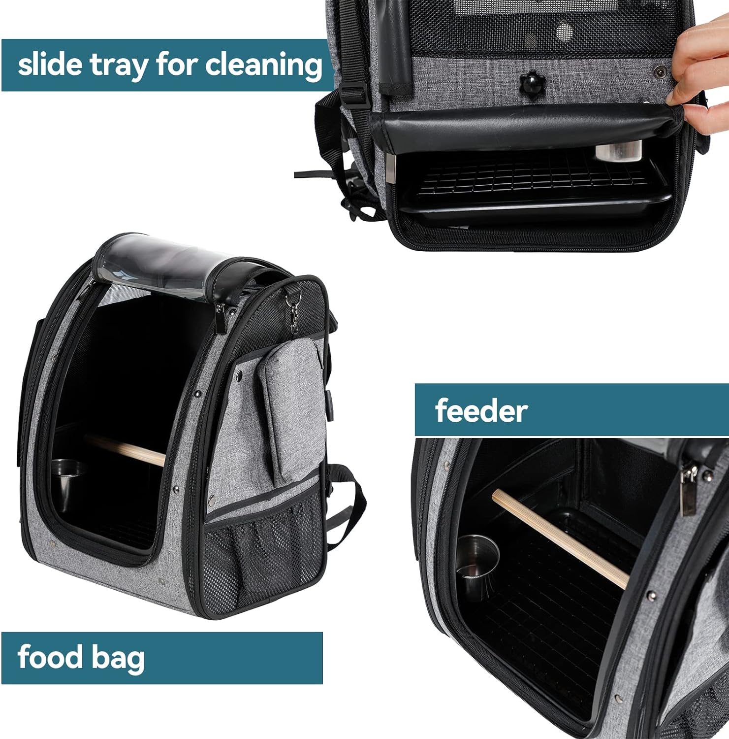 Petsfit Bird Carrier Medium Size with Stainless Steel Bowl, Parrot Backpack Includes Slide Tray for Easy Cleaning, 13" X 10" X 16" - Grey A image number 5