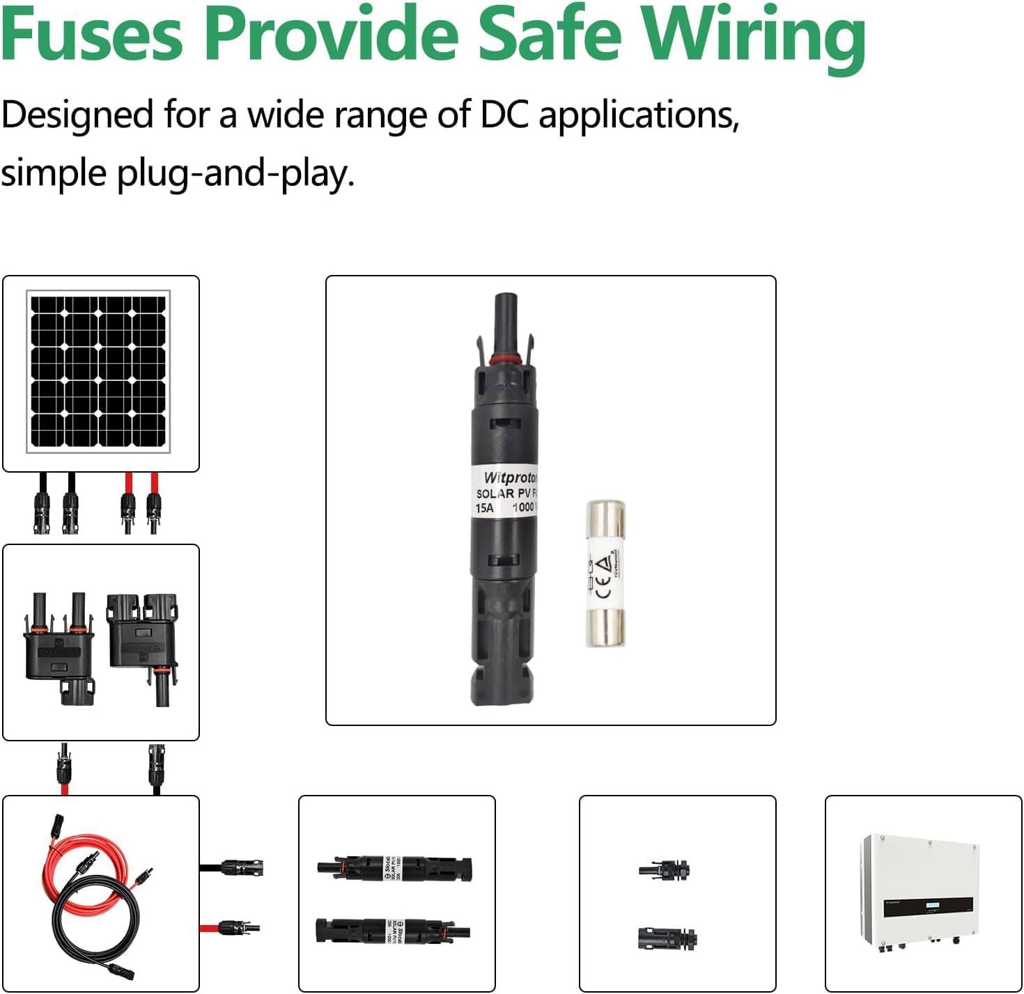 15A Solar In-Line Fuse Holder, IP68 1000V for Solar Panel and Inverter in Photovoltaic System, Male and Female Connector with 1 Fuse image number 4