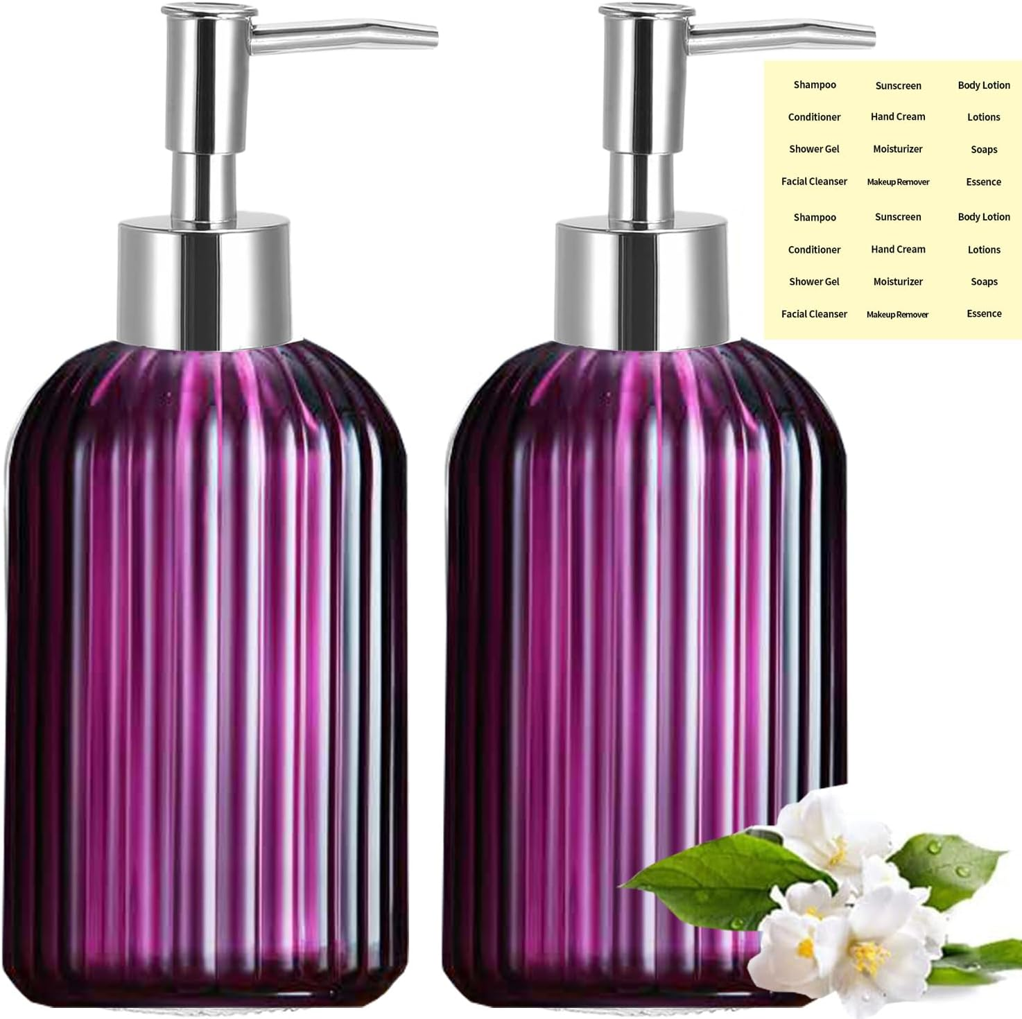 Clear Glass Soap Dispenser (2 Pack 400ML) Refillable Hand Soap Dispenser Vertical - Stripe Bathroom & Kitchen Dispensing Containers (Purple) image number 5