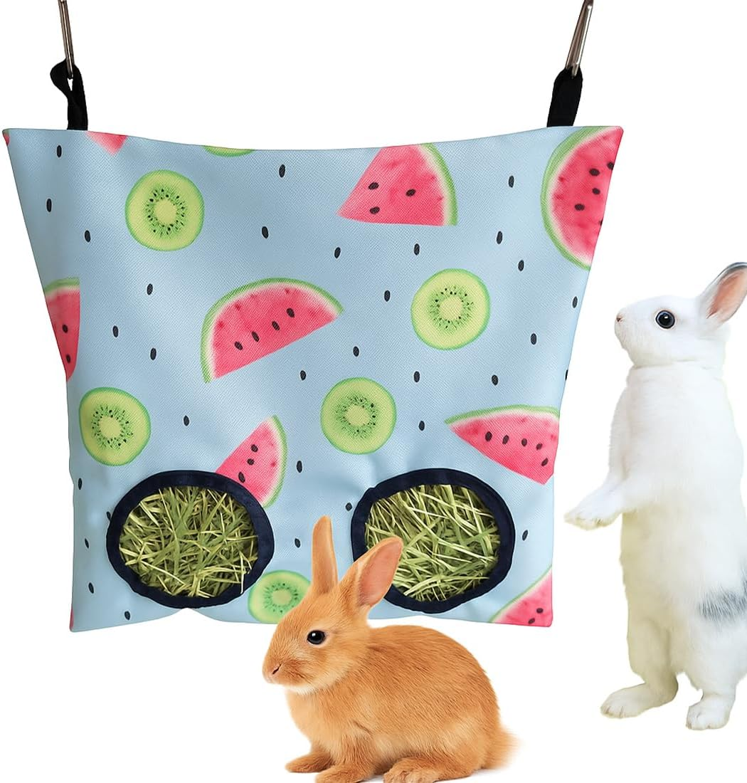 GGUFAY Rabbit Hay Bag, Guinea Pig Feeding Station, Feeder Small Animals, 2 Holes Hanging Hay Bag, Small Animals Hay Bag, Feeding Bag for Rabbit, Chinchilla, Hamster, Small Animals image number 2