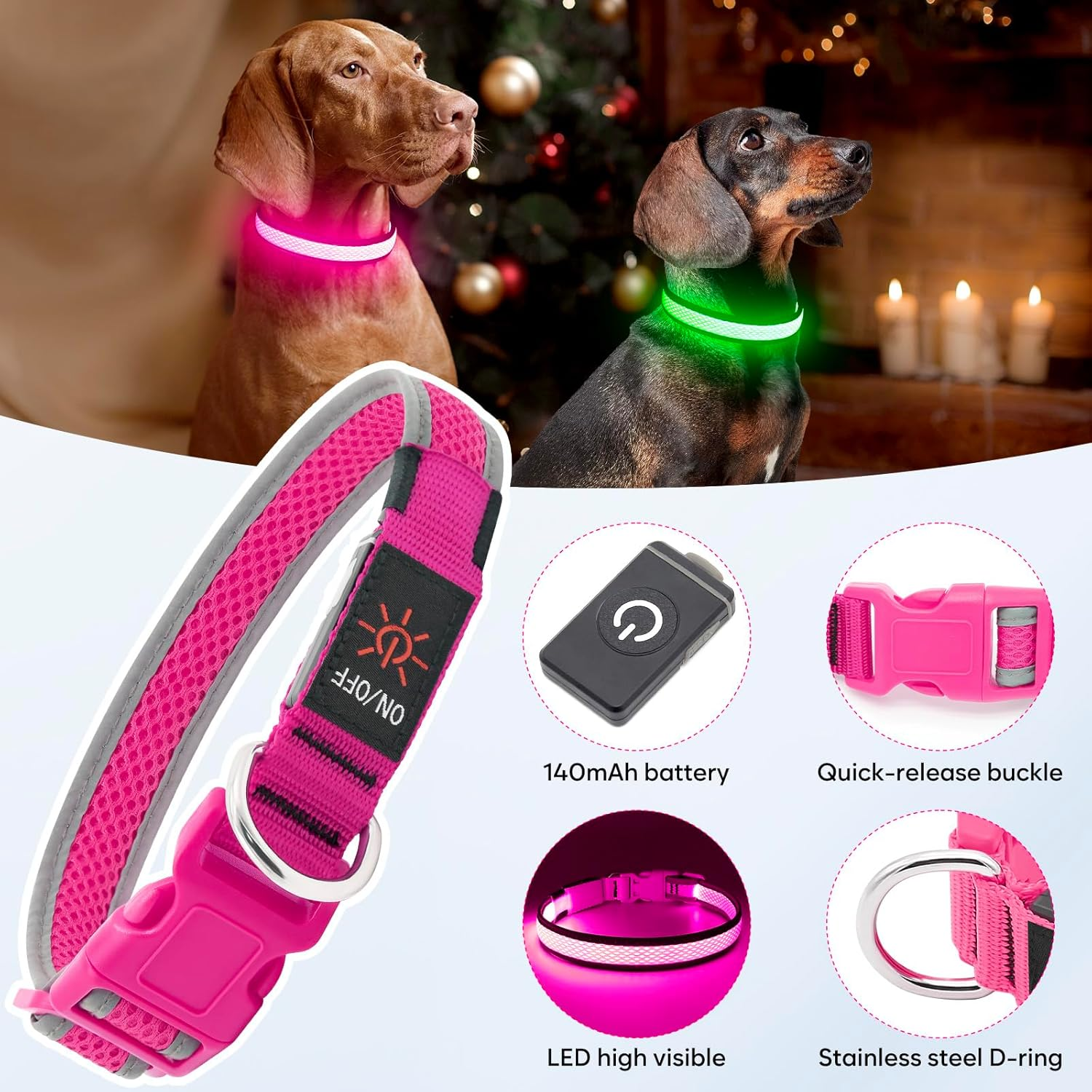 Higuard LED Dog Collar, USB Rechargeable Glowing Pet Collar Night Safety LED Light up with Nylon Webbing Perfect for Small, Medium, Large Dogs (Small Collar[8"-14" Inch / 20.3-35.5Cm], Candy Pink) image number 3