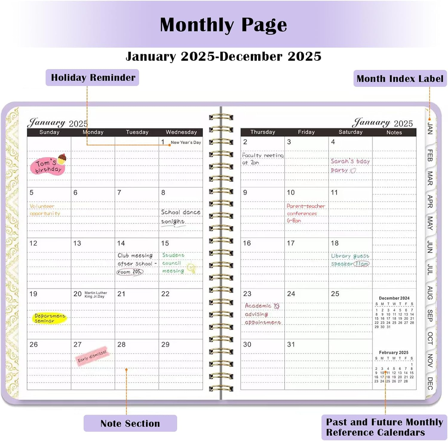 Lejapwat 2025 Planner with Monthly Tabs, Weekly and Monthly Diary Notebook, A5 Hardcover Planner with Inner Pocket from January 2025-December 2025 (Black) - Purple image number 2