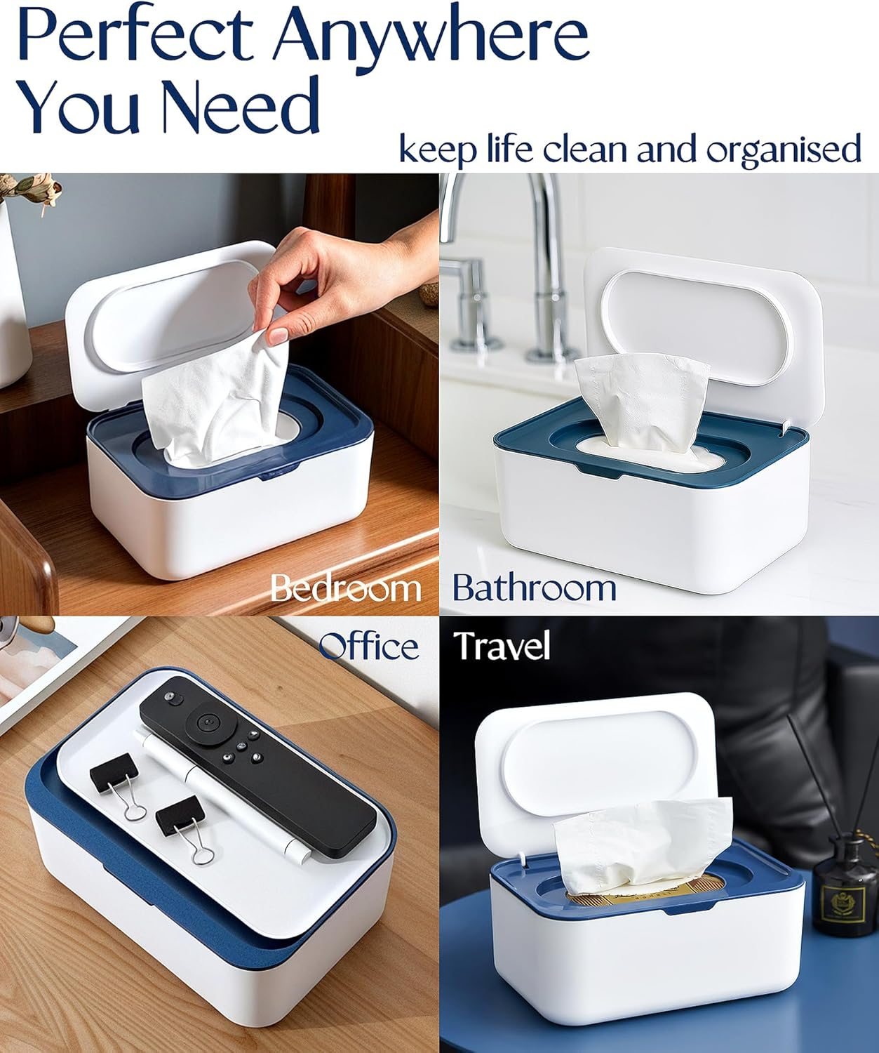 Baby Wipes Dispenser, Wipe Holder, Refillable Case Keeps Baby Wipes Fresh, Easy One-Hand Open, Non-Slip Base for Nursery Use(Blue) image number 3