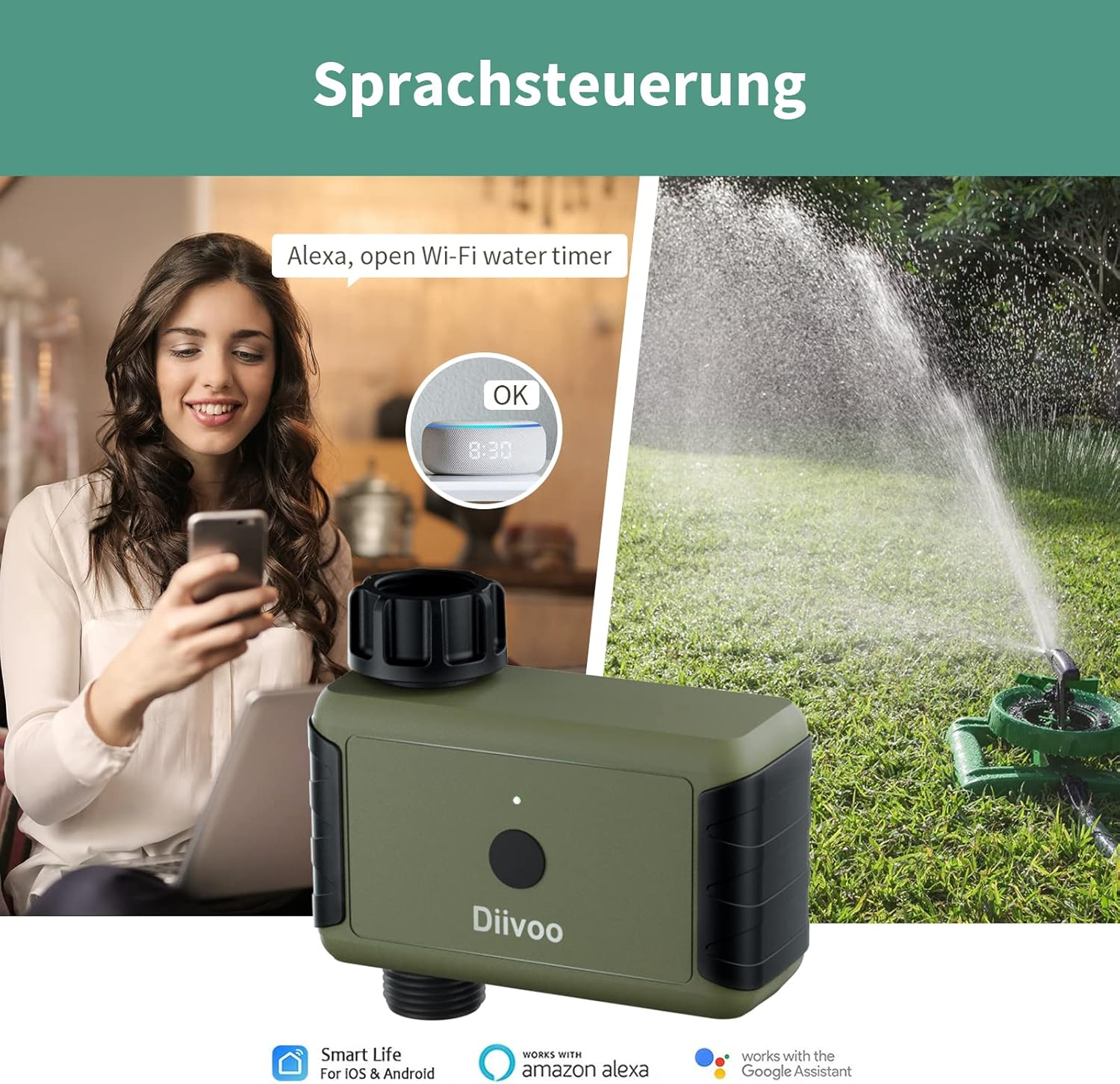 Wifi Water Timer, Diivoo Smart Irrigation Sprinkler Timer with 2 Watering Modes, Compatible with Alexa and Google Home via Wifi Hub for Garden Lawn image number 4