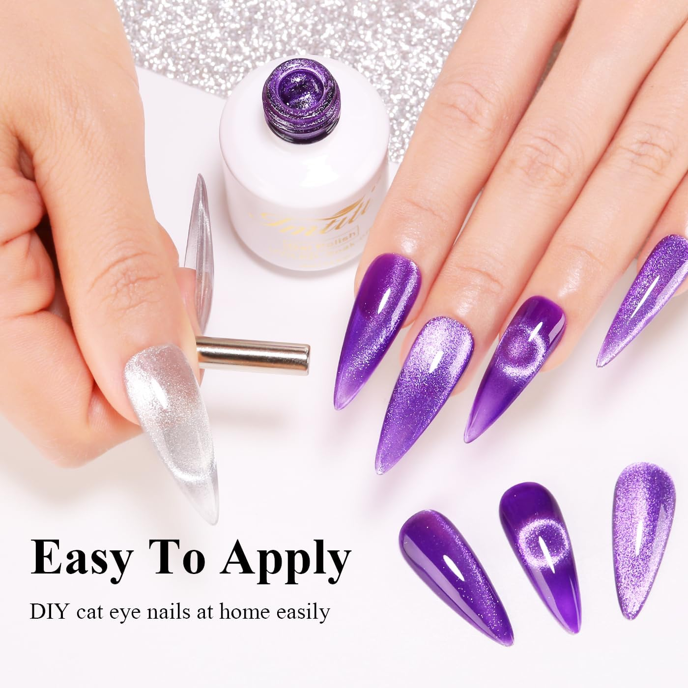 Imtiti Cat'S Eye UV Gel Nail Polish - 15 Ml Purple Glitter Holographic with Magnet - LED Magnetic Galaxy Glitter DIY Manicure Nail Salon - Neon Red image number 6