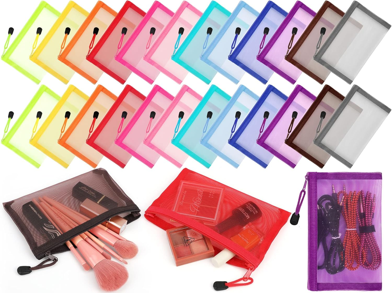 Jexine 24 Pcs Mini Zipper Mesh Bags Lipstick Cosmetic Accessories Organizer Nylon Makeup Zipper Pouch Small Cosmetic Bag for Purse Beauty Mesh Travel Pouch for Women(4 X 3 Inch,Bright Color)