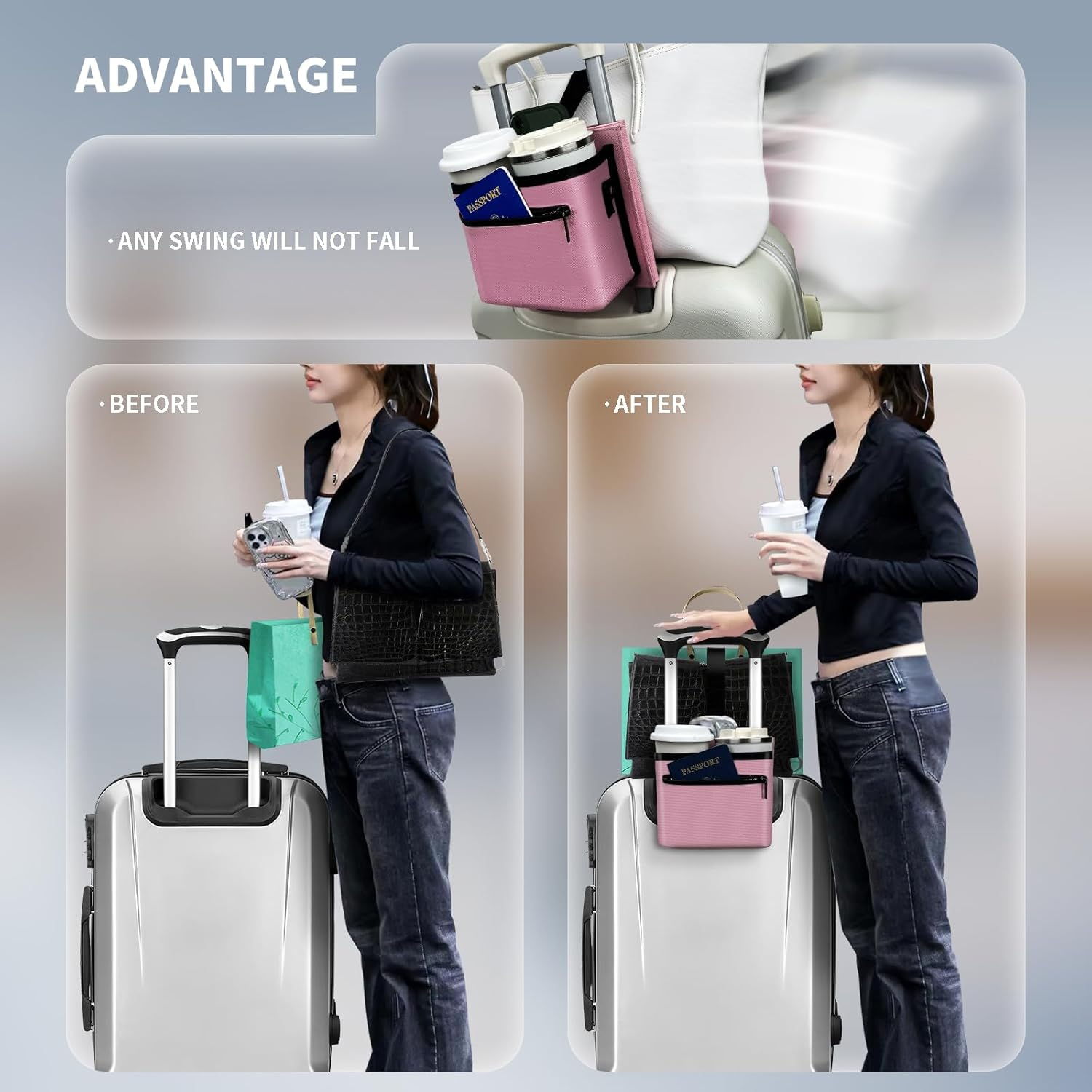 Vethers 3 in 1 Travel Luggage Cup Holder, Luggage Straps, Shoulder Bag for Suitcases Add a Bag，Convenient Travel Carry-On Accessories for Hands-Free Convenience (Pink) - Gray Magnet image number 5