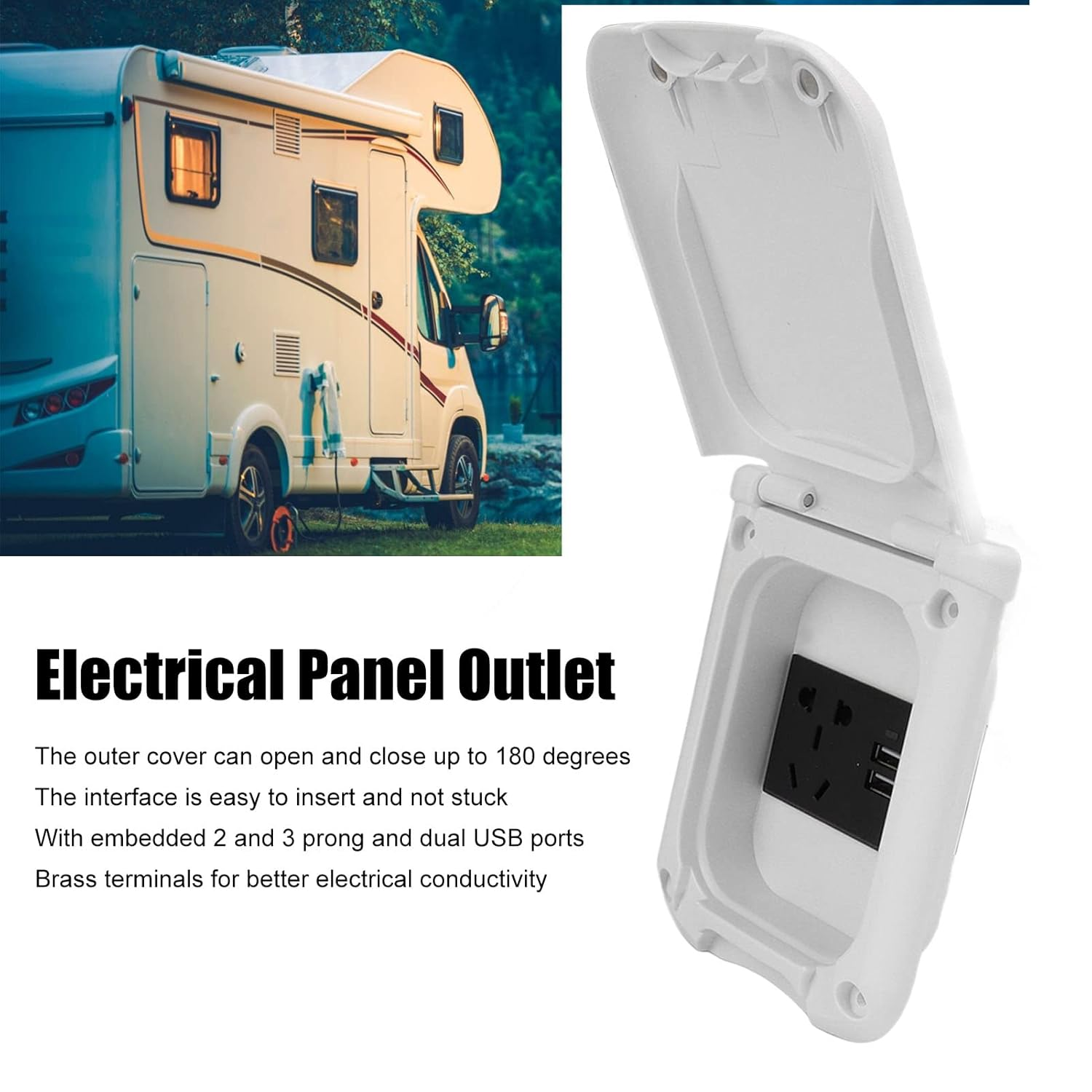 RV Power Outlet Box Multifunctional ABS Magnetic Cover IP44 Outdoor Electrical Receptacle Panel with 2 USB Ports for RV Camping Travel Trailer Marine Boat image number 2
