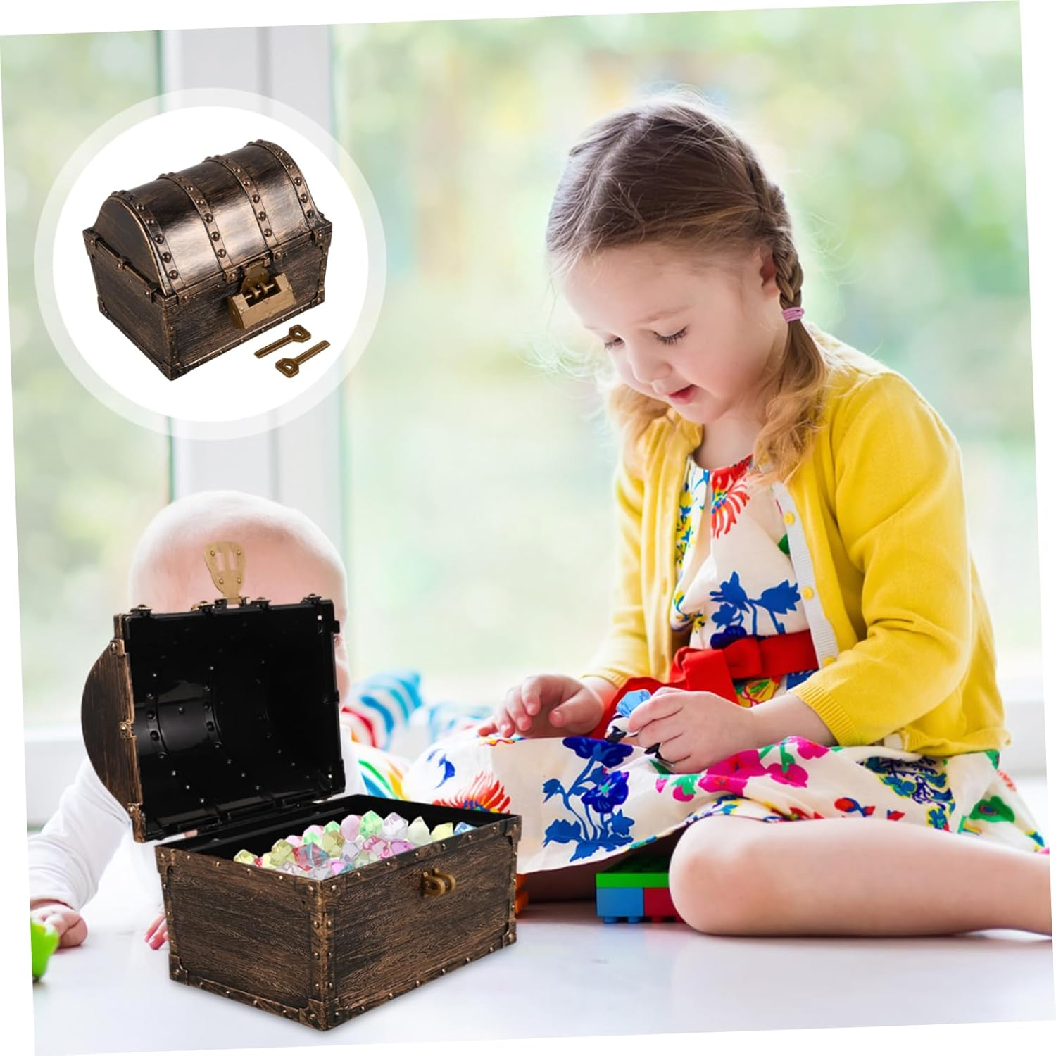 Mini Pirate Treasure Chest Decorative Small Vintage Treasure Box Lock and Key Bronze Color Trinket Storage Box for Boys and Girls Toy Organization