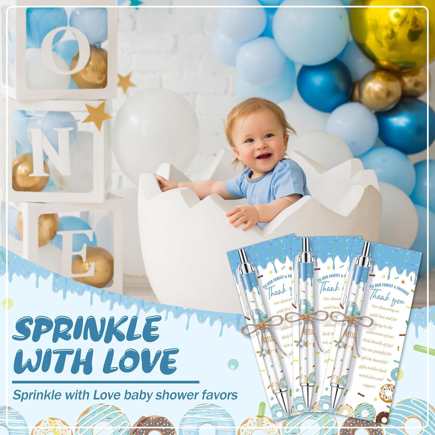 145 Pieces Donut Baby Shower Favors for Guest Sprinkled with Love Ballpoint Pens and Keychains Gifts for Boys Bulk Retractable Baby Shower Pens Gender Reveal Thank You Cards Souvenirs Prizes image number 4