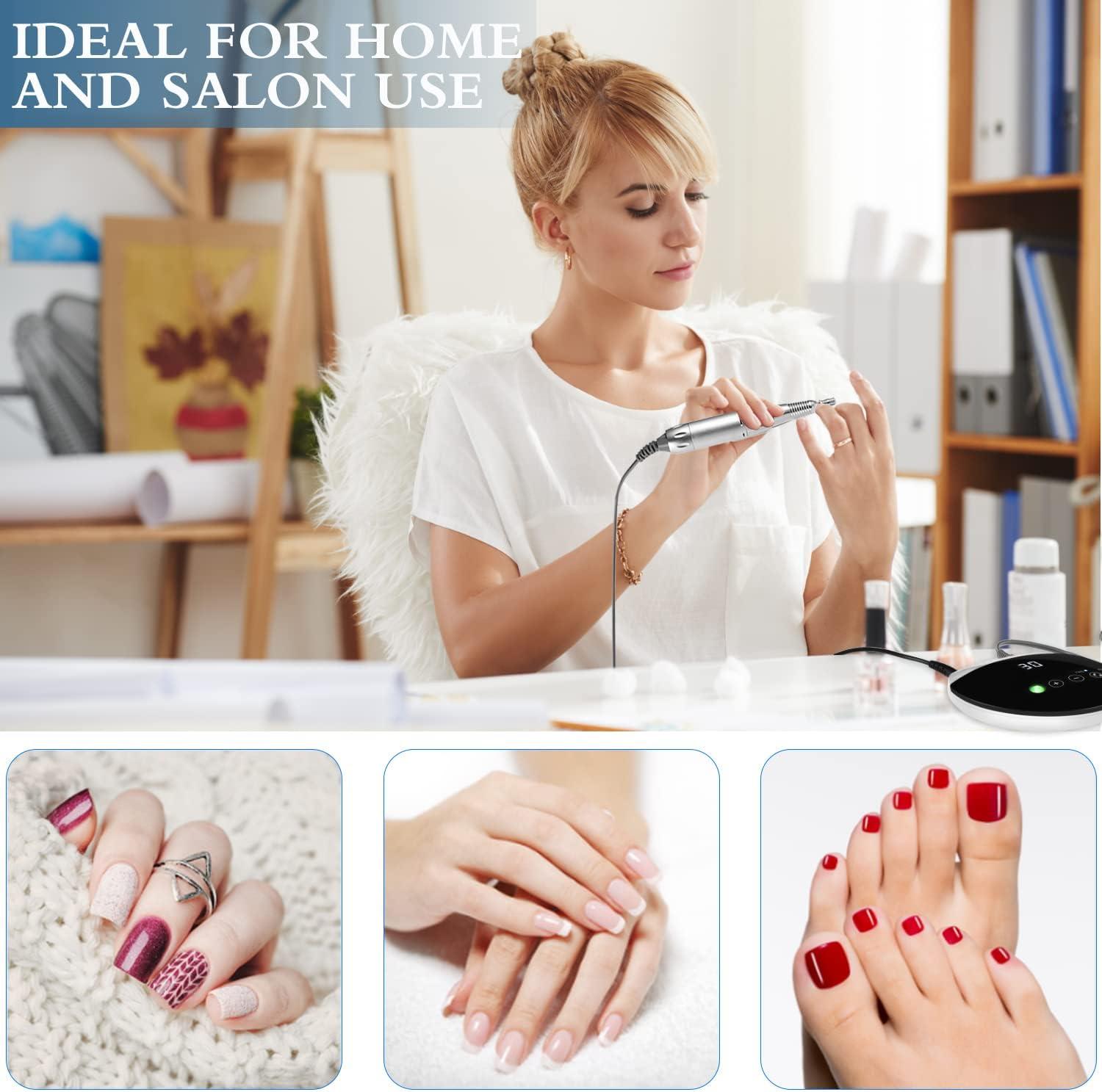 ENGERWALL Electric Nail Drill 35000 RPM, Professional Low Noise Low Vibration Low Heat Electric Nail Files with Touch Buttons, Nail Drill for Acrylic Nails and Gel Nails, for Salon and DIY Use image number 6