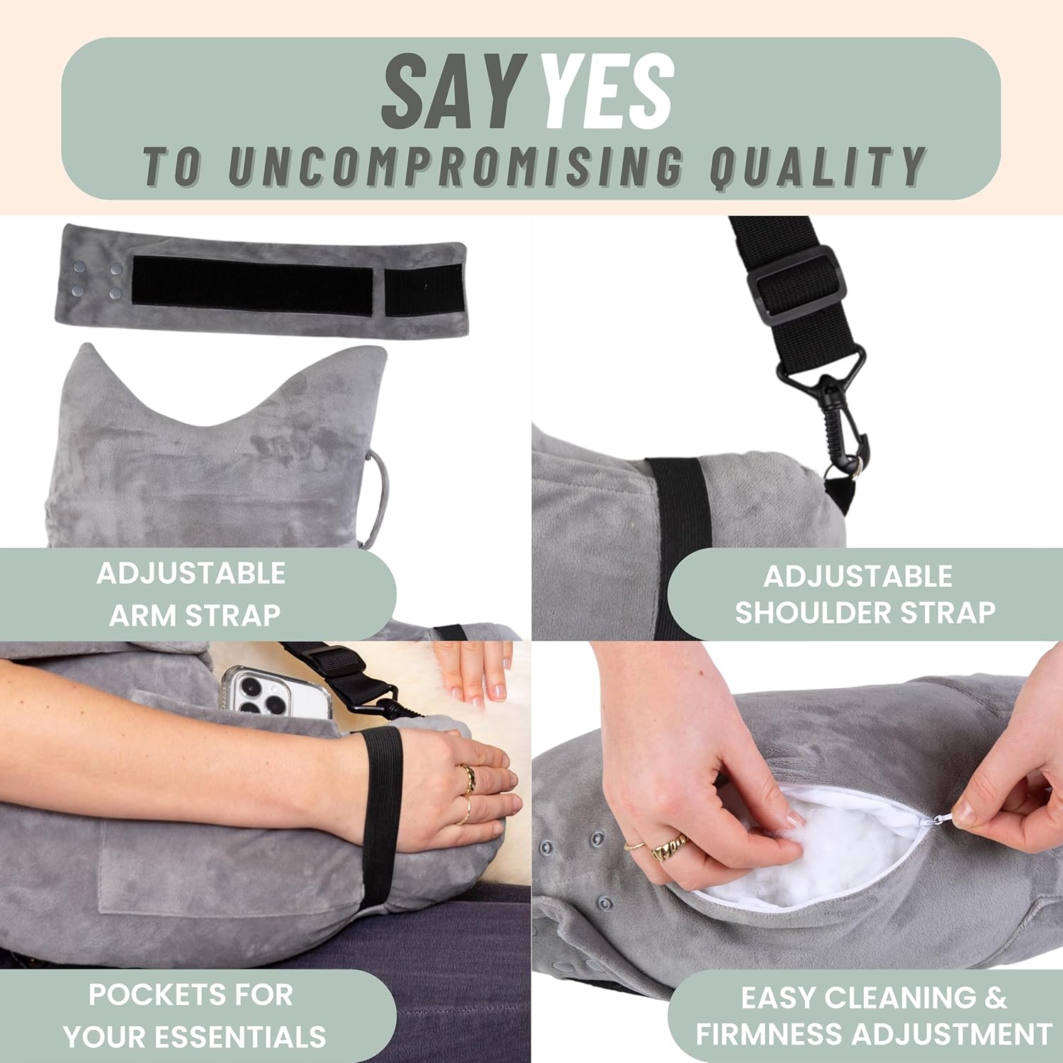 MOYOAMA Post Shoulder Surgery Pillow with Pocket- Rotator Cuff Pillows for Sleeping, after Surgery Must Haves, Rotator Cuff Sleeping Pillow- Moonlight Grey, with Arm & Shoulder Strap (L)