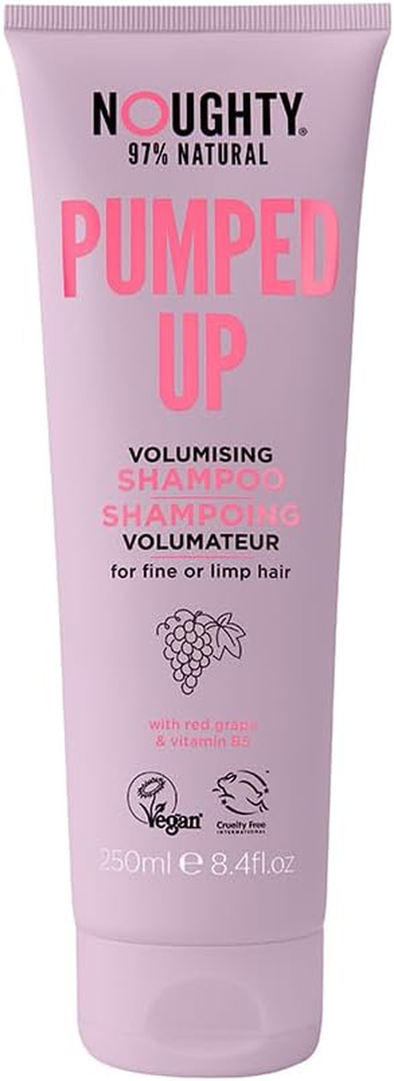 Noughty 97% Natural Pumped up Volumising Shampoo, Sulphate Free Vegan Haircare, for Fine or Limp Hair, with Red Grape and Vitamin B5 250Ml