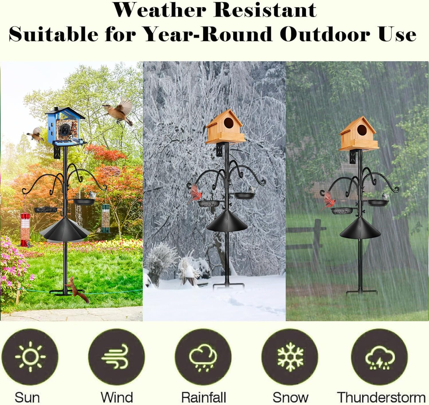 92" Squirrel Resistant Feeder Pole & Birdhouse Pole - Heavy Duty Bird Feeding Station with Metal Baffle, Hooks & Water Dish image number 1