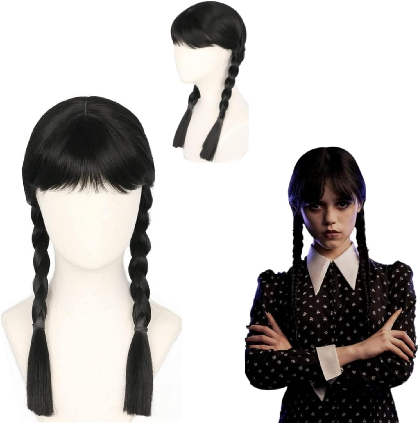 Cosplay Wig, Wednesday Addams 3 Pack Wig with Braid with Wig Cap and Black Lace for Halloween Carnival and Party Fancy Dress Cosplay image number 4