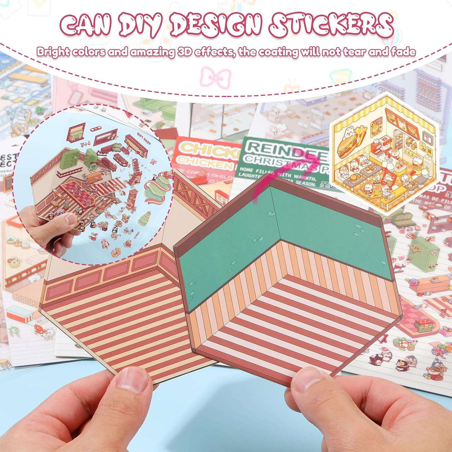 12Pcs DIY 3D House Stickers Set Reusable 3D Cartoon Scene Stickers Funny Mini Room Scene Sticker Cute 3D Miniature Scene Sticker 3D Sticker Scene DIY Landscaping Sticker for Present image number 3