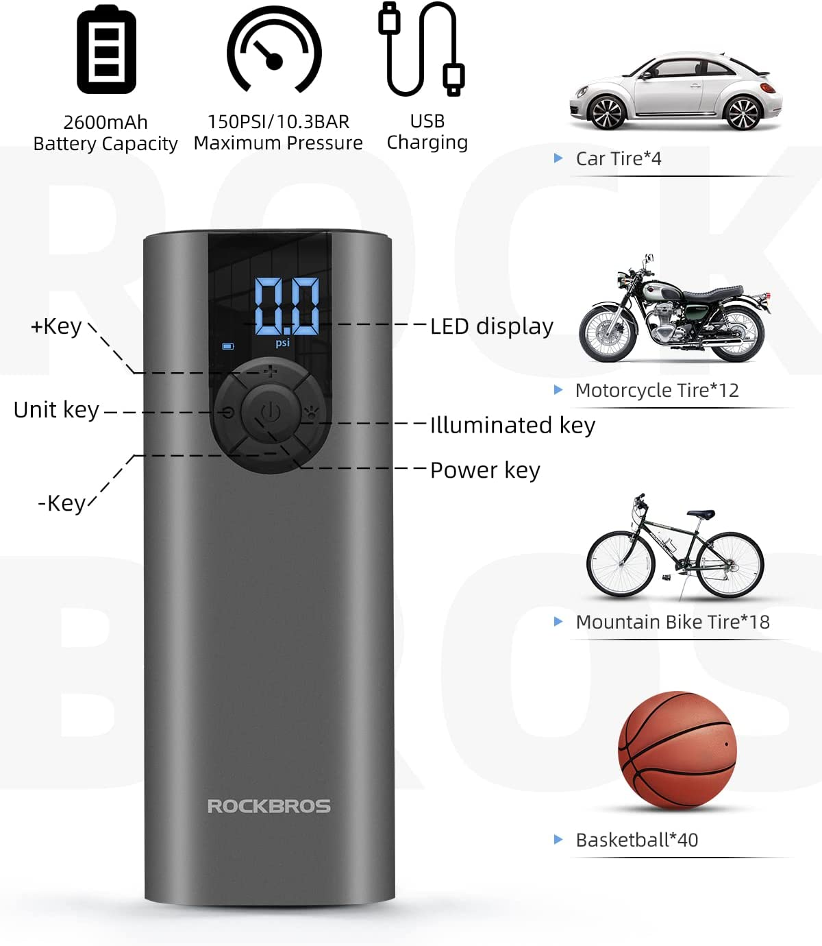 ROCKBROS Portable Air Pump 150PSI Mini Electric Tire Pump Inflator 5 Modes Cordless Air Compressor with 2*2600 Mah Rechargeable Lithium Battery Portable Tire Pump with LED Light for Bike Motorcycle Car Tires Balls Inflatables