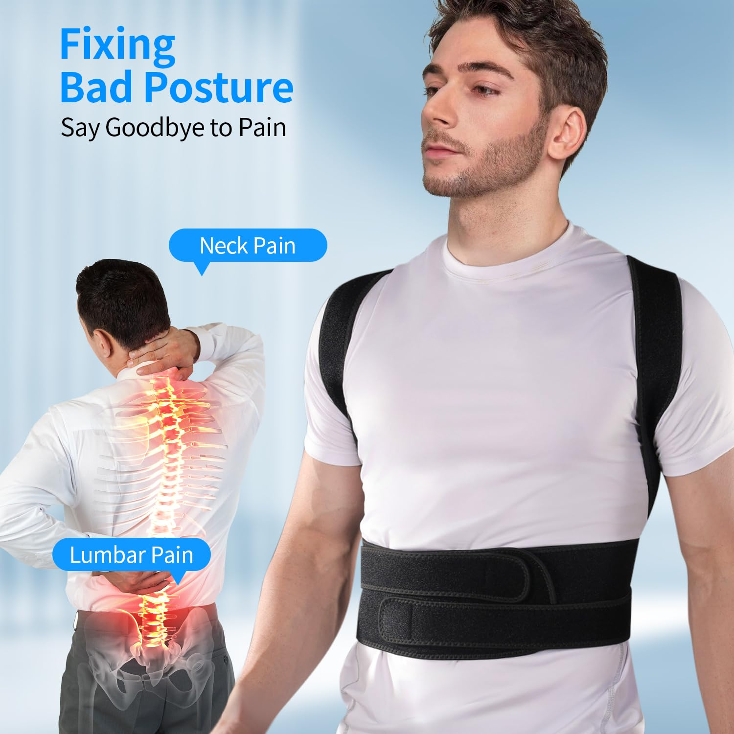 Back Brace and Posture Corrector for Women Men, Shoulder Straightener, Adjustable Full Back Support for Upper and Lower Back Pain Relief - Scoliosis Hunchback Hump Thoracic Spine Corrector (Black, M) image number 3