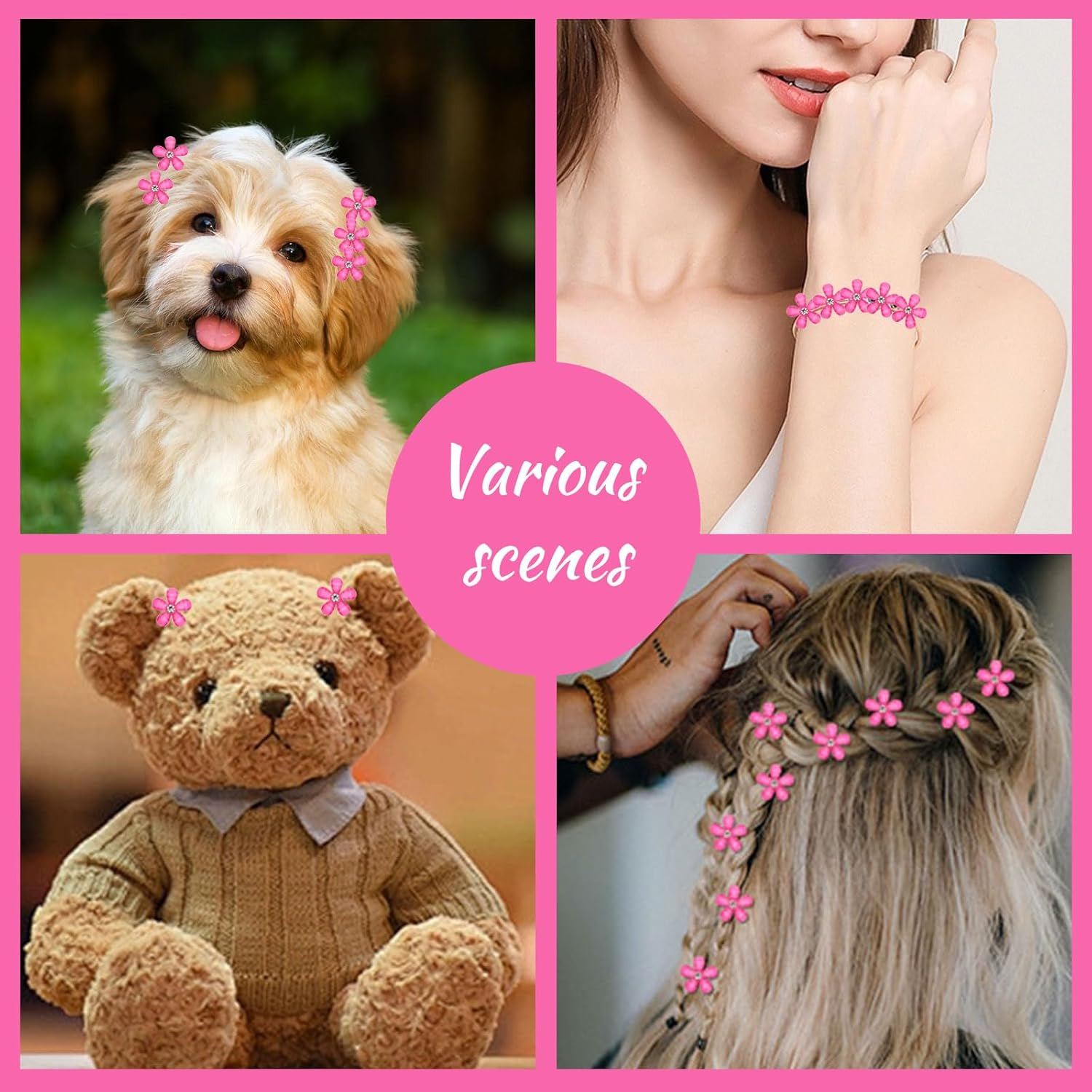 Mezrkuwr Pack of 10 Bright Pink Mini Flowers Hair Clips with Rhinestones, Cute Hair Clips, Flower Hairpins, Decorative Hair Clips, Wedding Hair Clips Hair Accessories image number 5