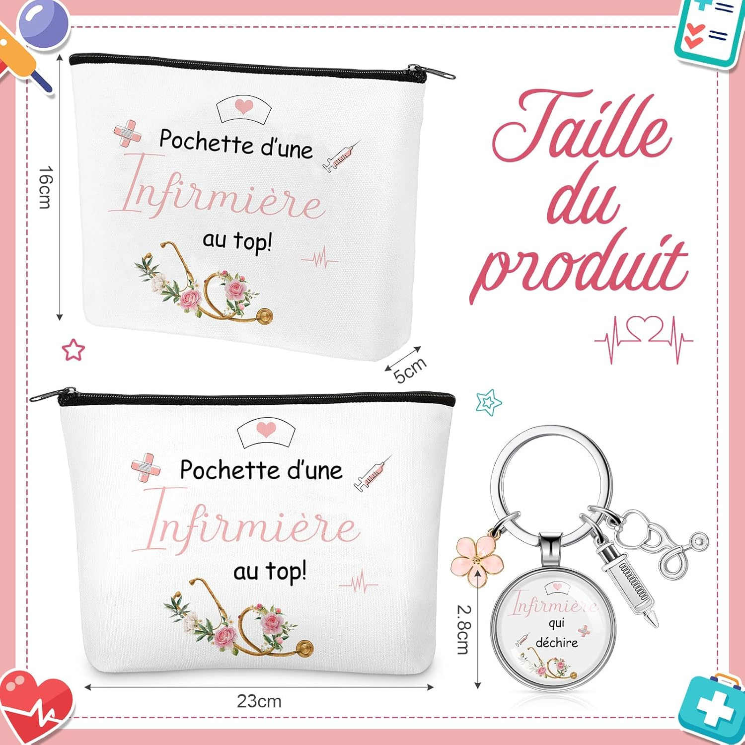 Xuniea Nurse Gift 1 Toiletry Bag 1 Keyring with Flowers, Syringe and Stethoscope 1 Ballpoint Pen Gift for Thank You, Birthday and Christmas for Women Colleagues image number 1