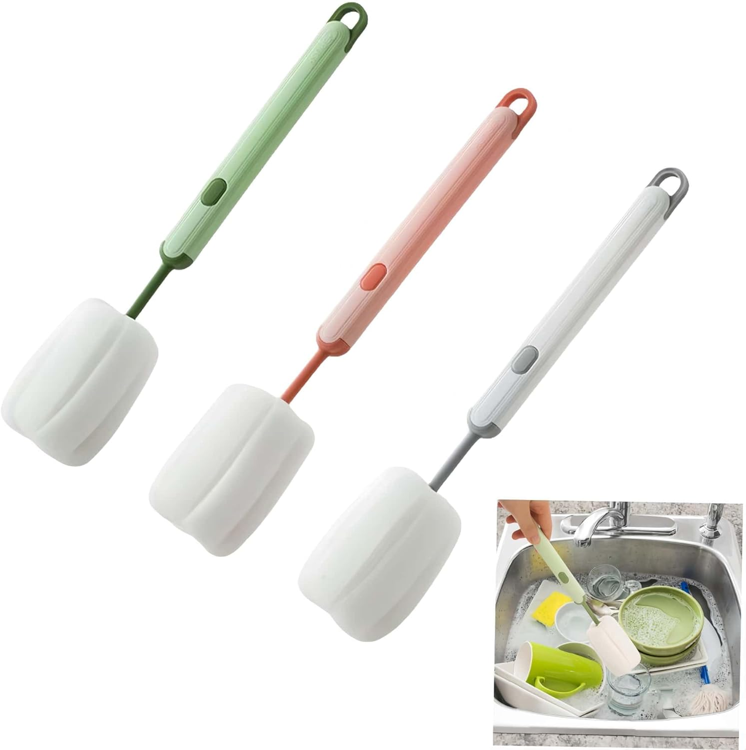 ARREBOL 3 Pack Bottle Cleaning Brush, Detachable & Scratch-Free Sponge Brush for Water Bottles, Glassware, Cups & Thermos