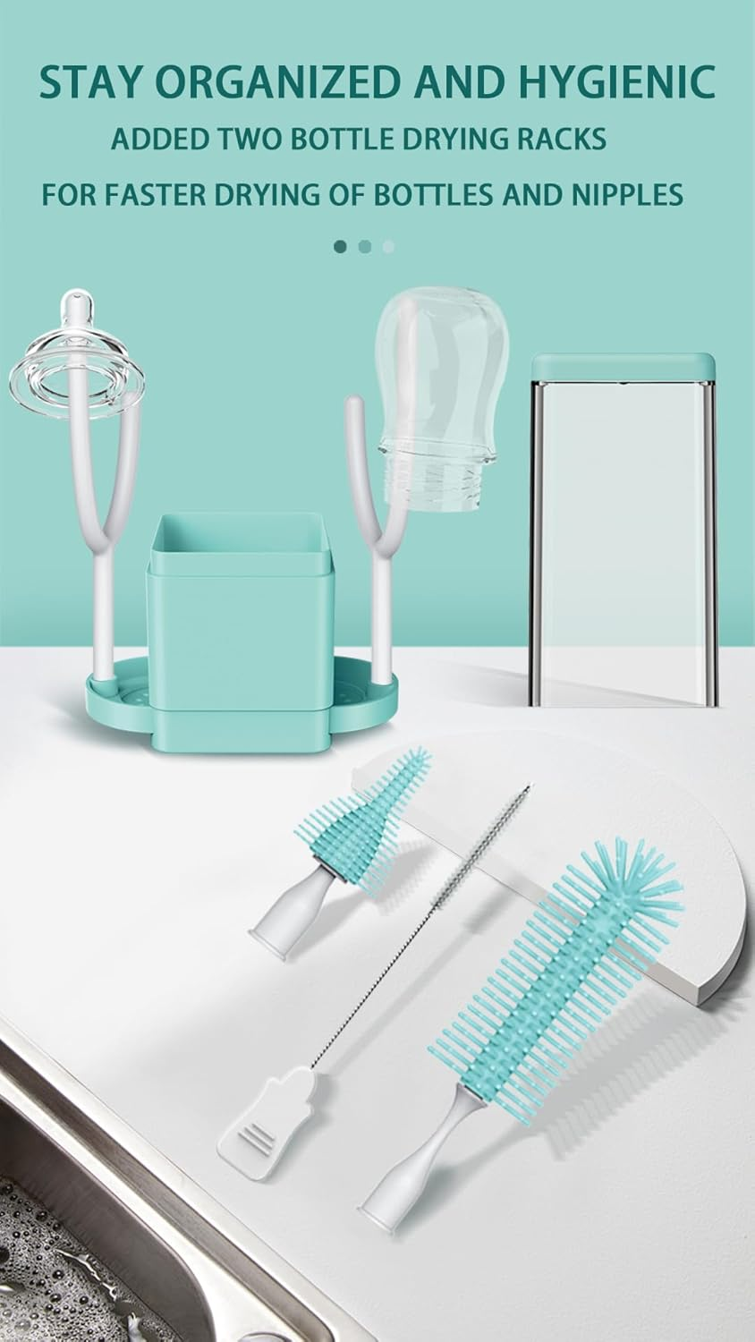 Electric Baby Bottle Brush Cleaner Set,8 in 1 Automatic Baby Bottle Cleaning Kit,Silicone Bottle Brush,Pink - Green image number 4