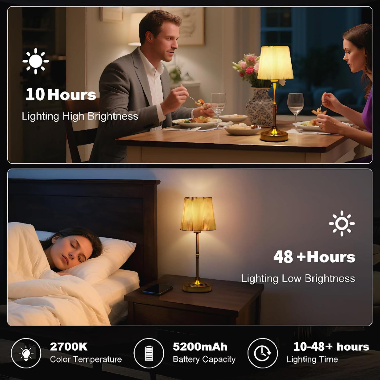 Rechargeable Cordless Table Lamp 5200Mah - 3 Brightness Touch Dimmable Gold Lamp with Fabric Lampshade (40Cm) | Perfect for Nightstand, Bedroom, Kitchen, Living Room (2)