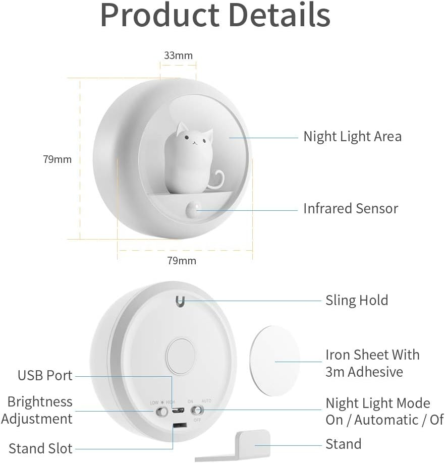 Motion Sensor Night Light,Warm White USB Rechargeable Bedside Light,Magnetic Cat Lamp for Closet Bedroom Bathroom Stairs Kitchen Hallway,Adjustable 2 Brightness Levels.1- Pack (White)&hellip; - White 01 image number 5