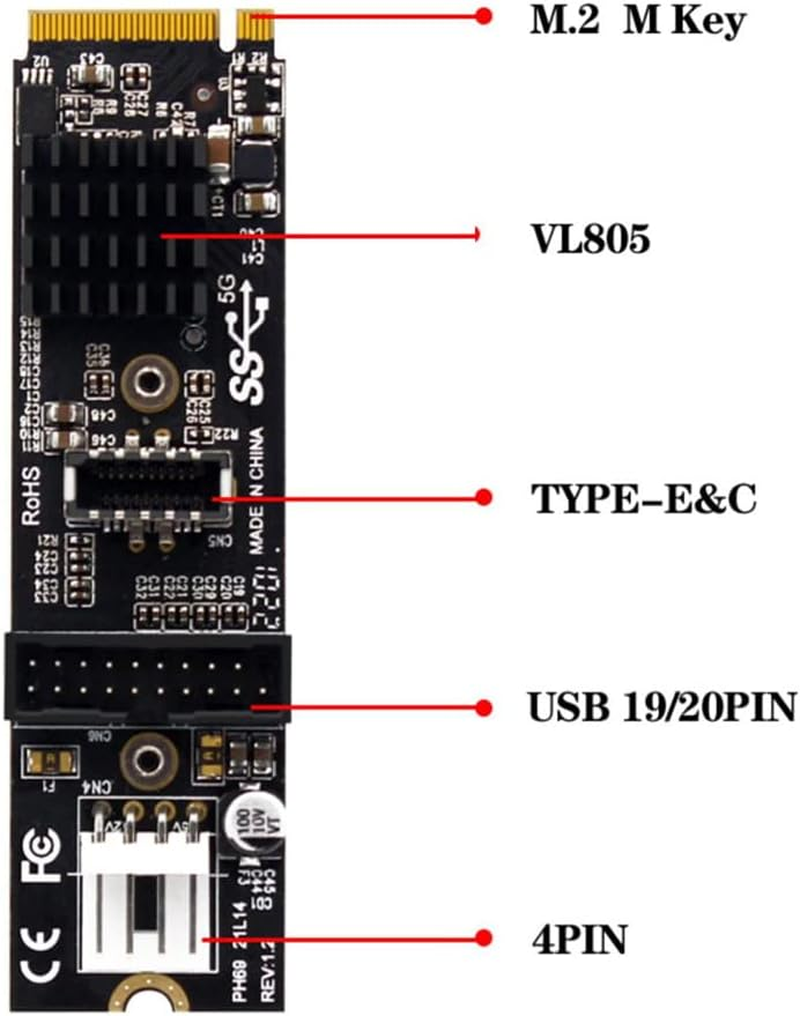 NFHK 5Gbps Type-E USB 3.1 Front Panel Socket & USB 2.0 to NVME NGFF M-Key Express Card VL805 Adapter for Motherboard - Black 2Pcs Adapter-Usb3.0-20Pin image number 2