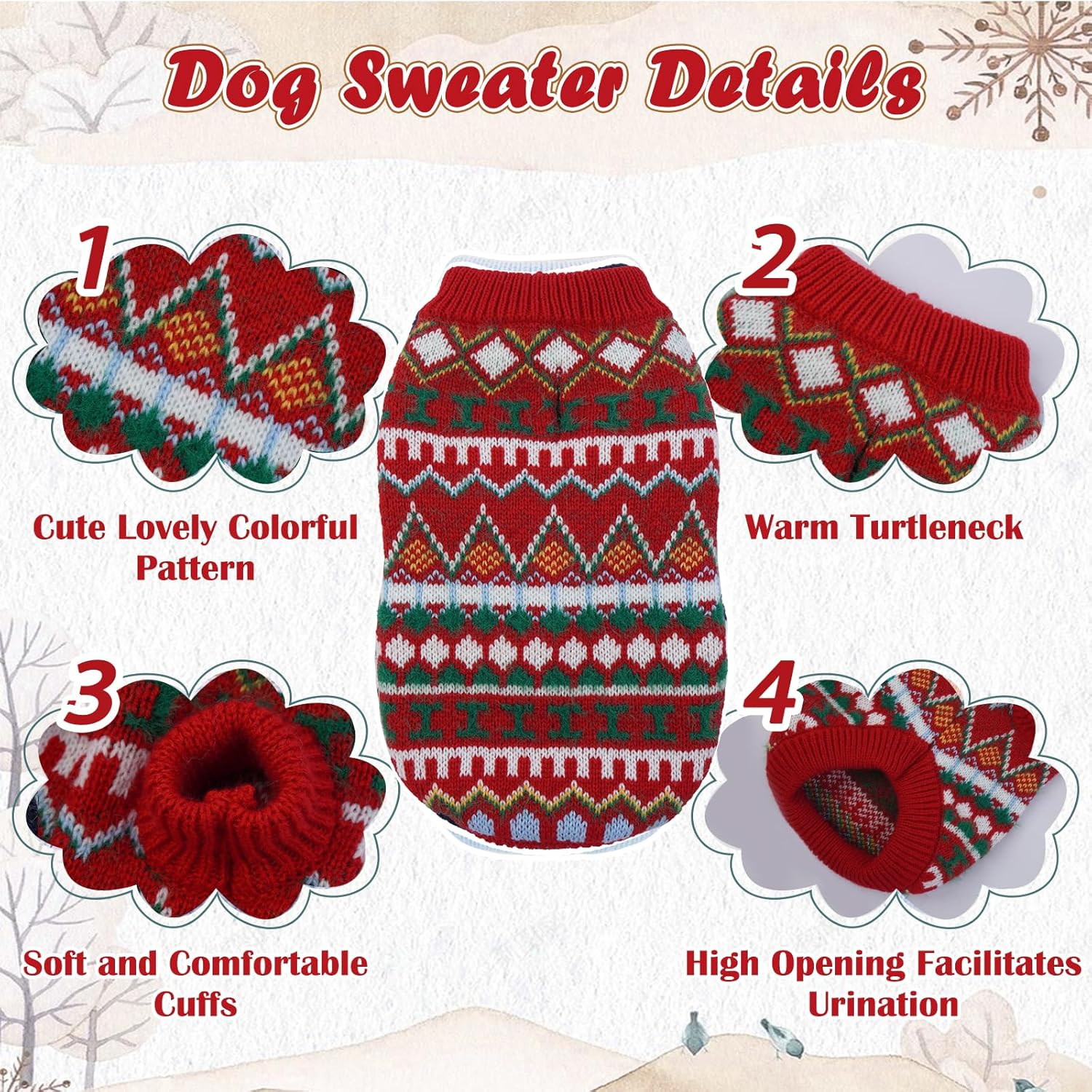 Hjumarayan Boho Dog Jumper - Christmas Jumper for Small Dogs, Beautiful Thick Dog Jumper, French Bulldog Chihuahua (Red-Green, M) image number 3