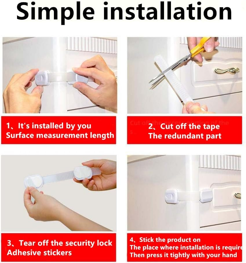 6 Pcs Adjustable Safety Cabinet Locks (White) Extra 3M Adhesive No Screws for Drawers, Cupboard, Closet, Doors - No Drilling image number 3