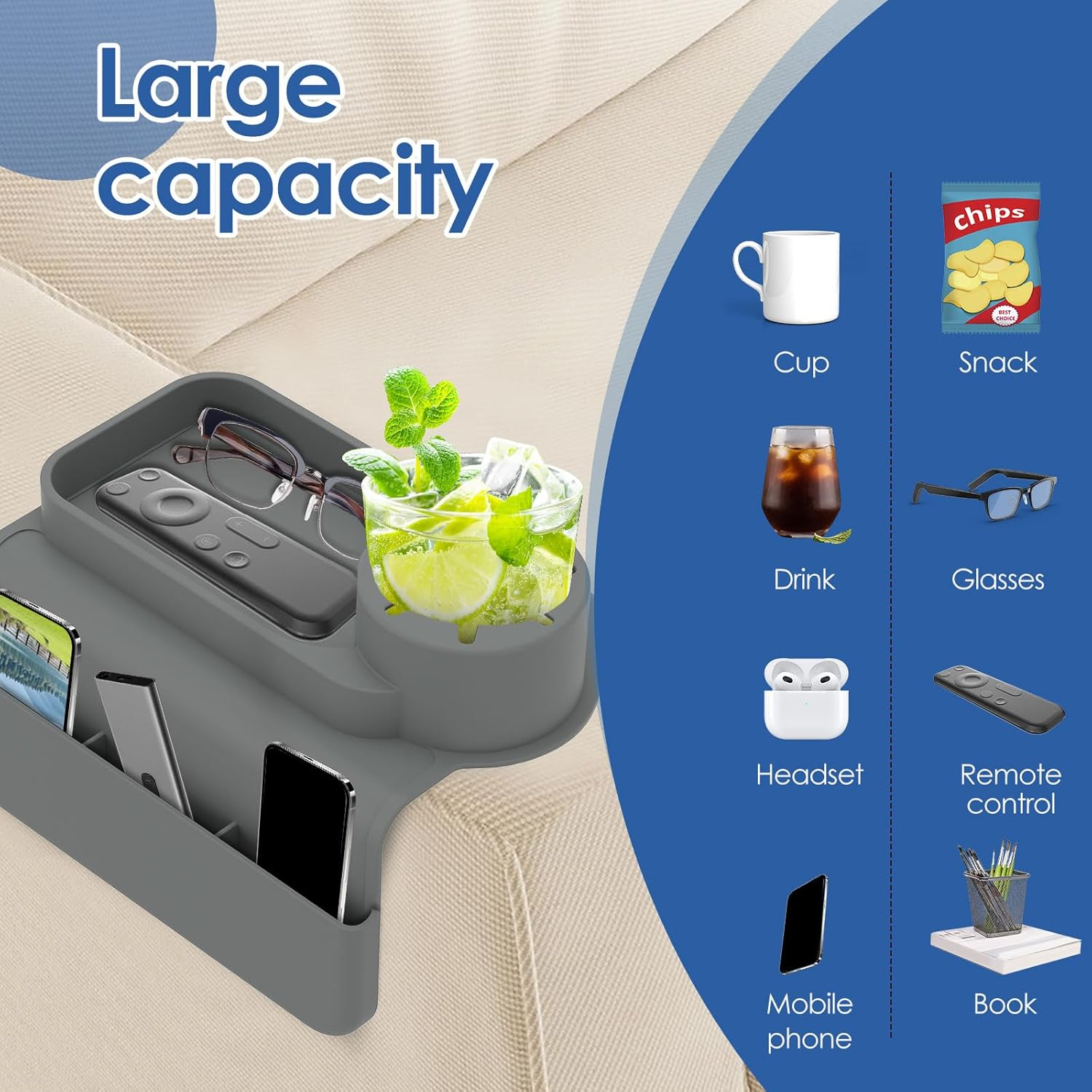 Fwqofvk Silicone Sofa Couch Cup Holder with Side Pocket, Easy to Install Silicone Armchair Cup Holder, Versatile Sturdy Sofa Armrest Tray, Couch Drink Holder for Living Room 48X29.5X11Cm (Grey)