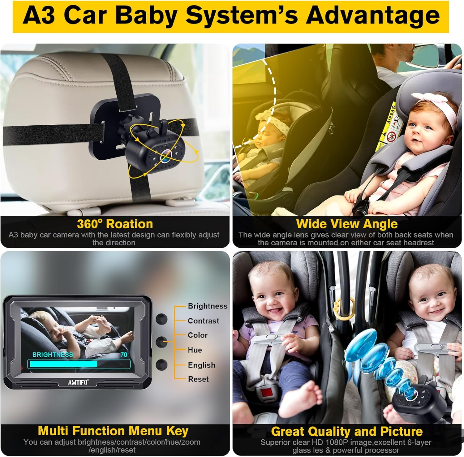 AMTIFO Baby Car Camera Easy Install: Clear Night Vision 2Mins Plug-Play Backseat Camera 360 Rotation Rear Facing Car Baby Monitor with Camera image number 1
