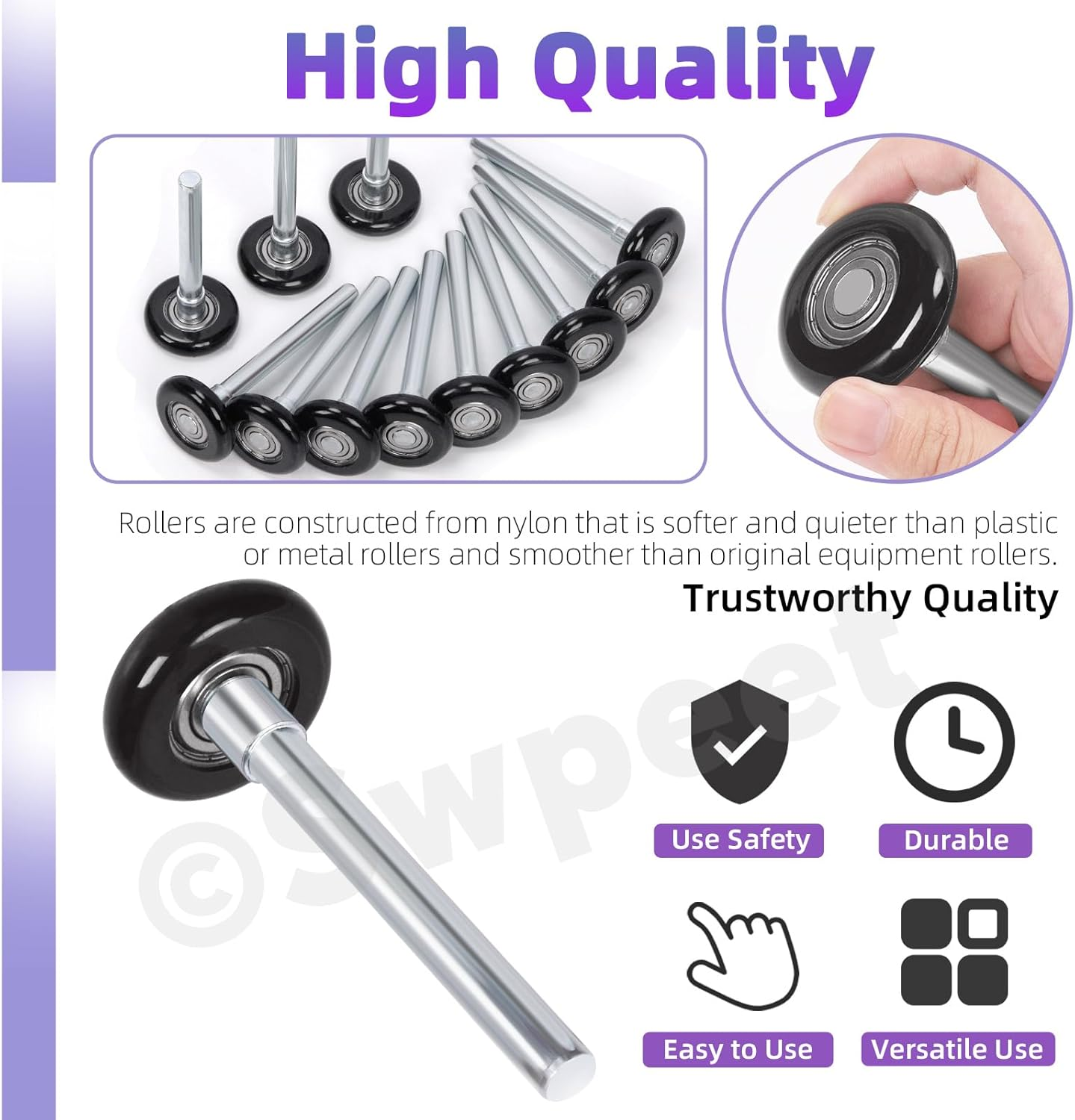 Swpeet 12Pcs 1.8" Black Quiet Garage Door Rollers - Nylon Wheels Replacement, Reinforced Dual Cage, Sealed 6200ZZ Ball Bearing 4" Stem, High Performance for Track image number 5