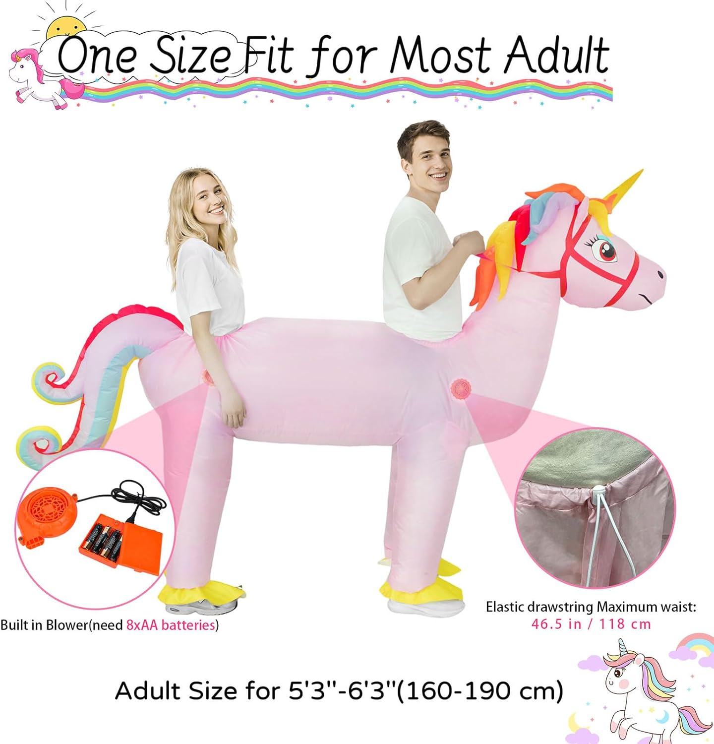 Couples Inflatable Unicorn Costume for Adults - 2 Person Riding Halloween Christmas Costume, Funny Matching Blow up Couple Outfits for Men Women Cosplay image number 2