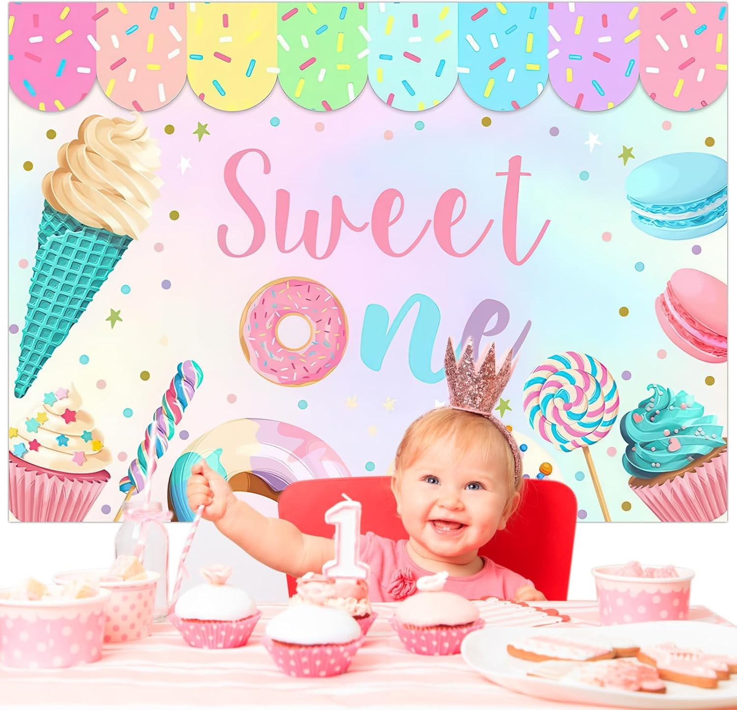 Bicuces Ice Cream Backdrop Ice Cream Party Decorations Sweet One Backdrop Sundae Happy Birthday Banner Summer Photo Booth Photography Background for Sprinkles Birthday Decorations
