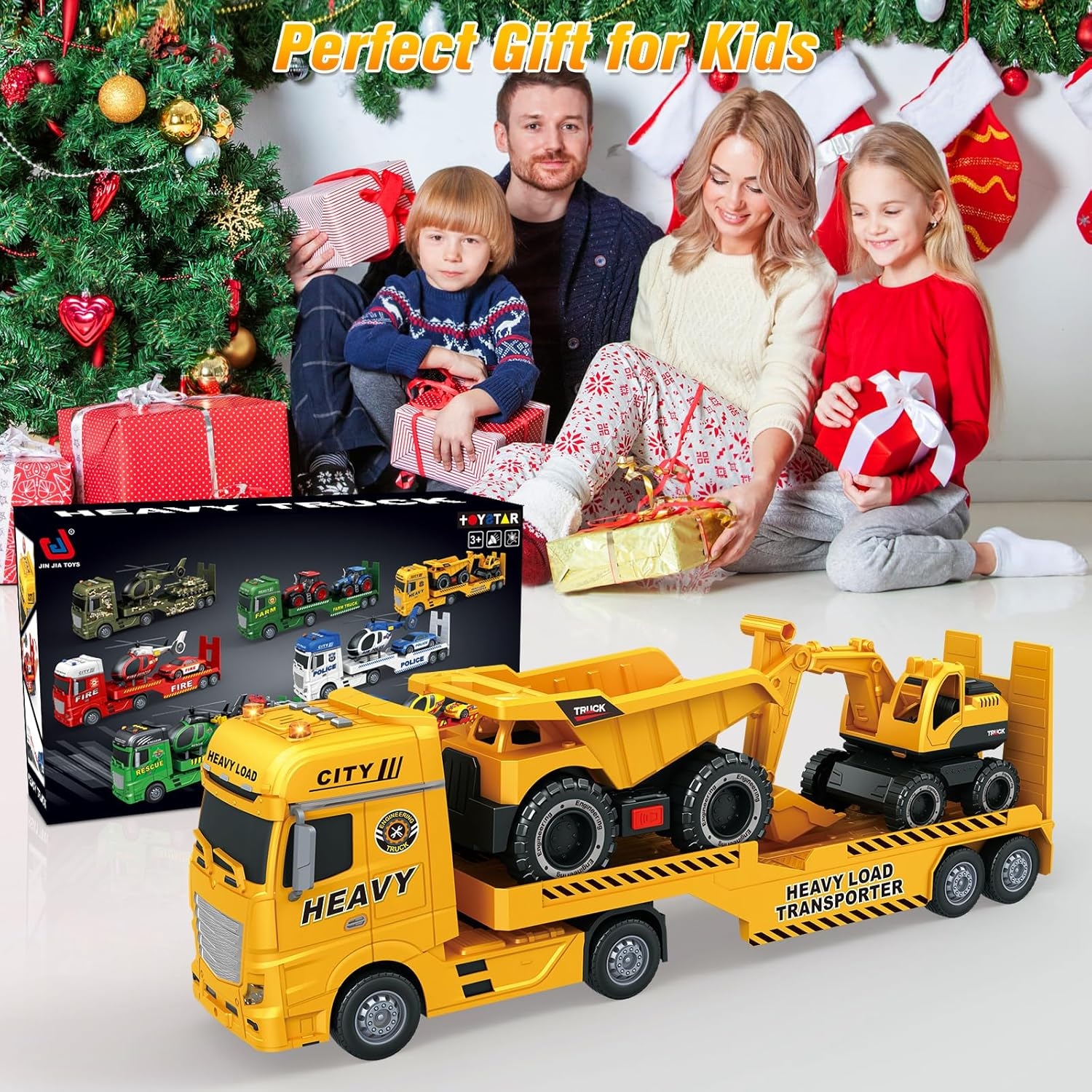 Yiwsnust Large Flatbed Semi Truck Toy for Kids, 25.6'' Construction Carrier Semi Truck with Excavator and Dump Trucks, Friction Powered Flatbed Semi Truck Kids Toy with Light & Sound image number 3