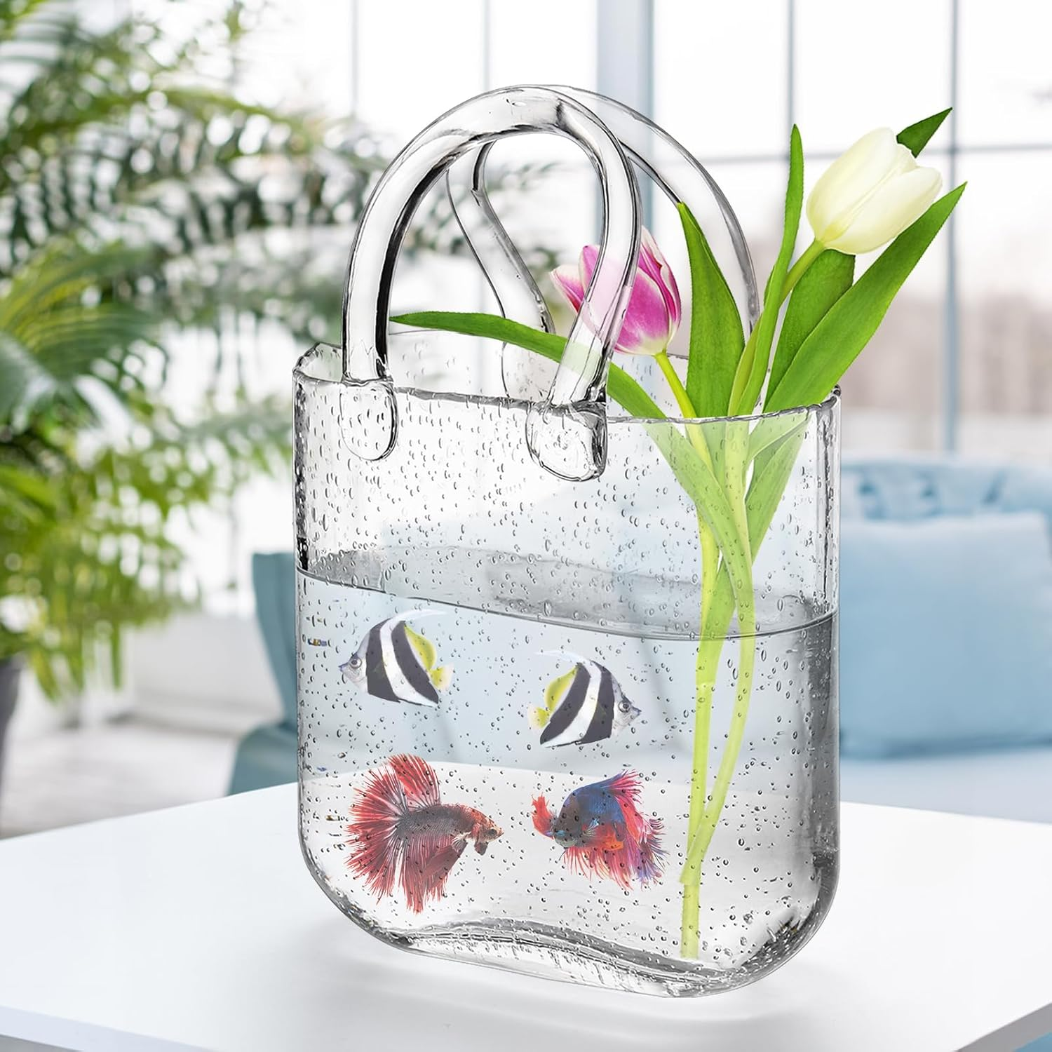 Noamus Purse Vase for Flowers, Unique Clear Glass Bag Vase with Handle, Handbag Shape Flower Vase Fish Bowl, Wide Mouth Bubble Vase for Wedding Birthday Centerpieces, Home Garden Decor(Transparent) image number 2